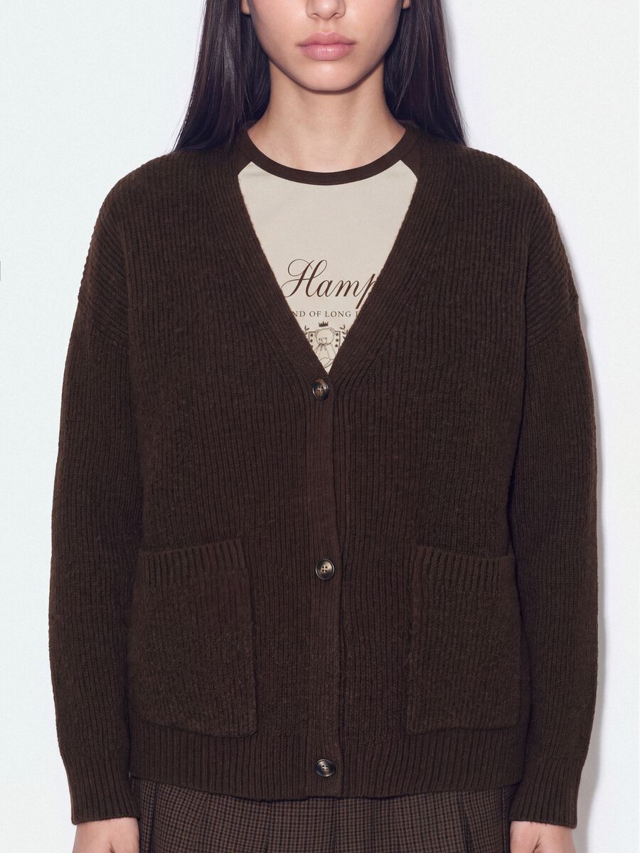 Brown stretch-fabric cardigan with deep V-neckline_2