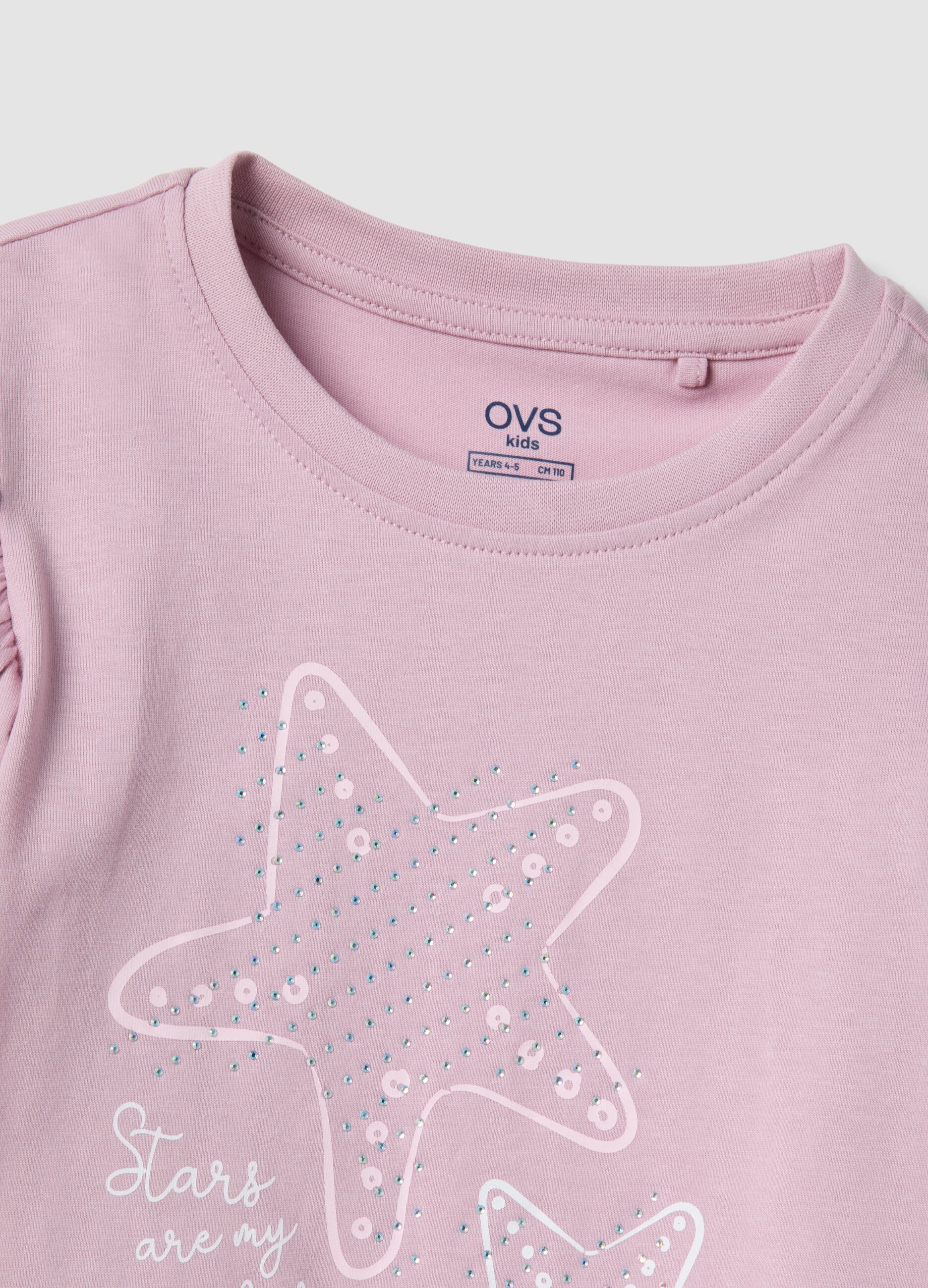 Rosa M&auml;dchen-T-Shirt aus reiner Baumwolle mit Volants und Strass