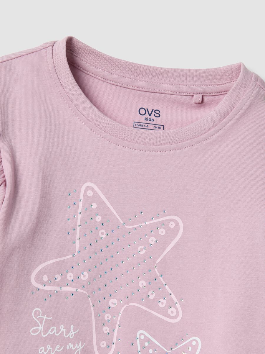 Girls&rsquo; pink pure cotton T-shirt with frill sleeves and rhinestones_3