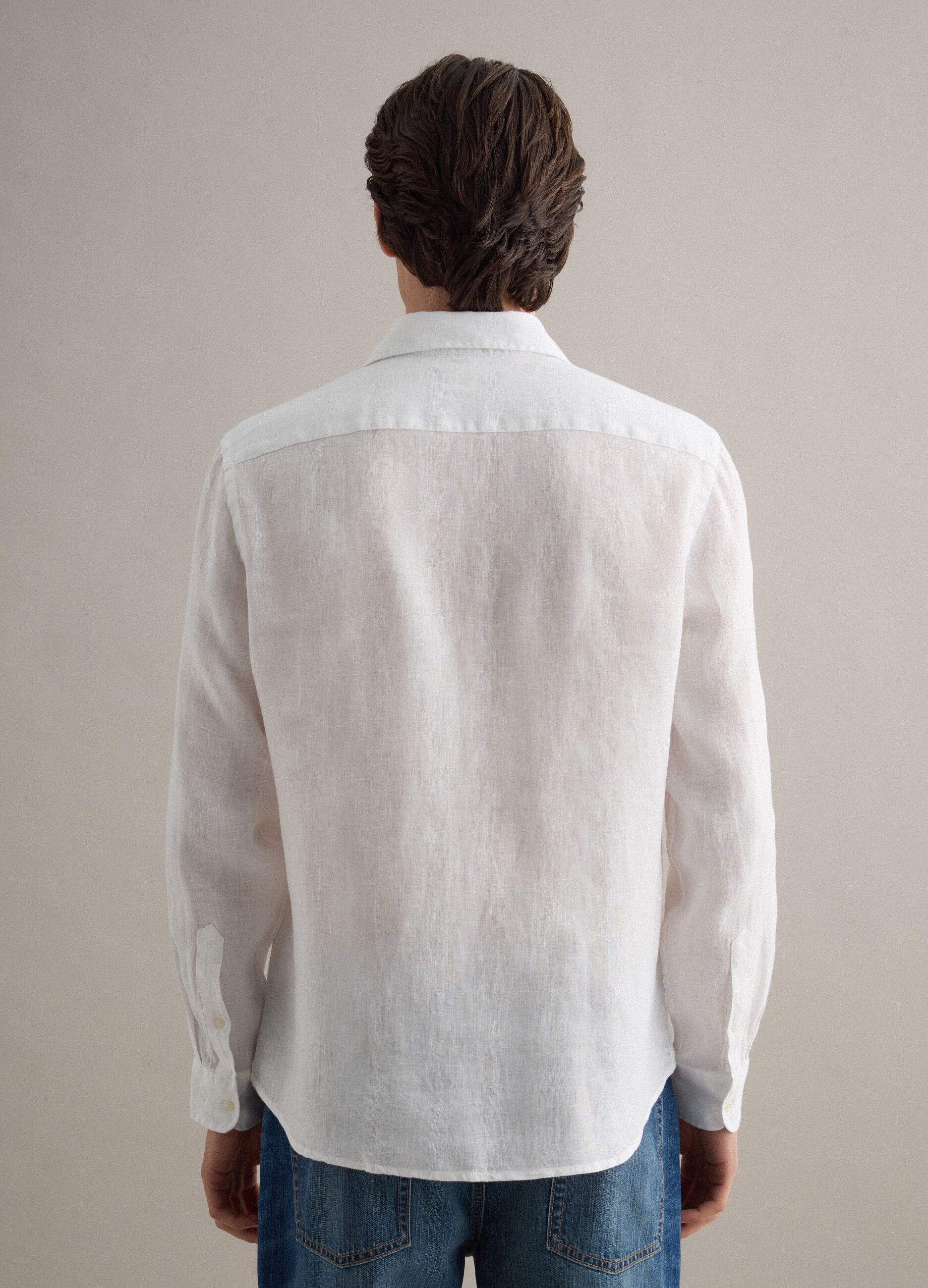 White Pure Linen Long-Sleeve Shirt, Regular Fit