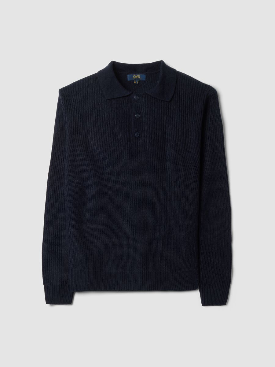 Blue rib-knit long-sleeve polo shirt_0