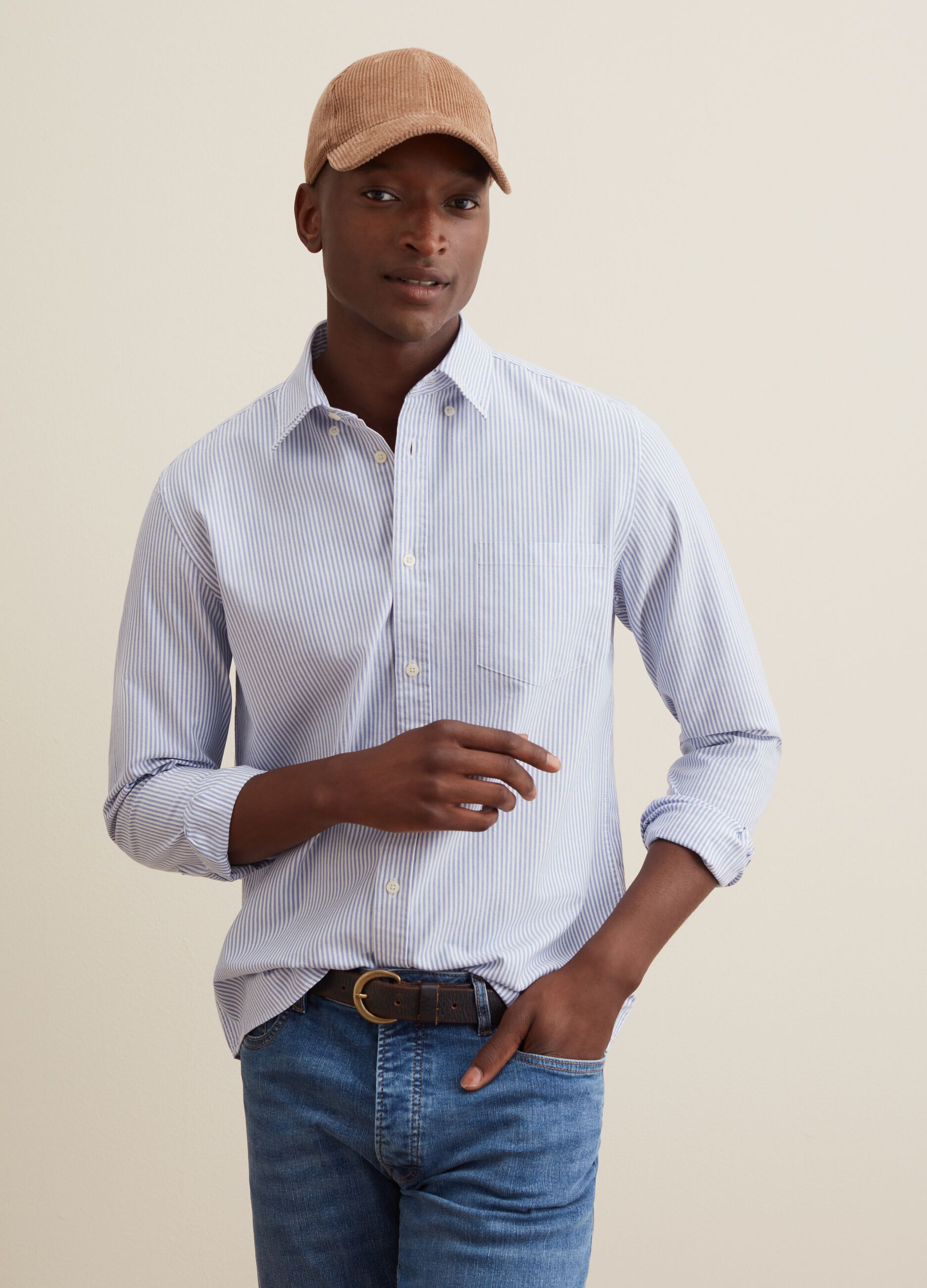 Oxford cotton shirt with thin stripes_0