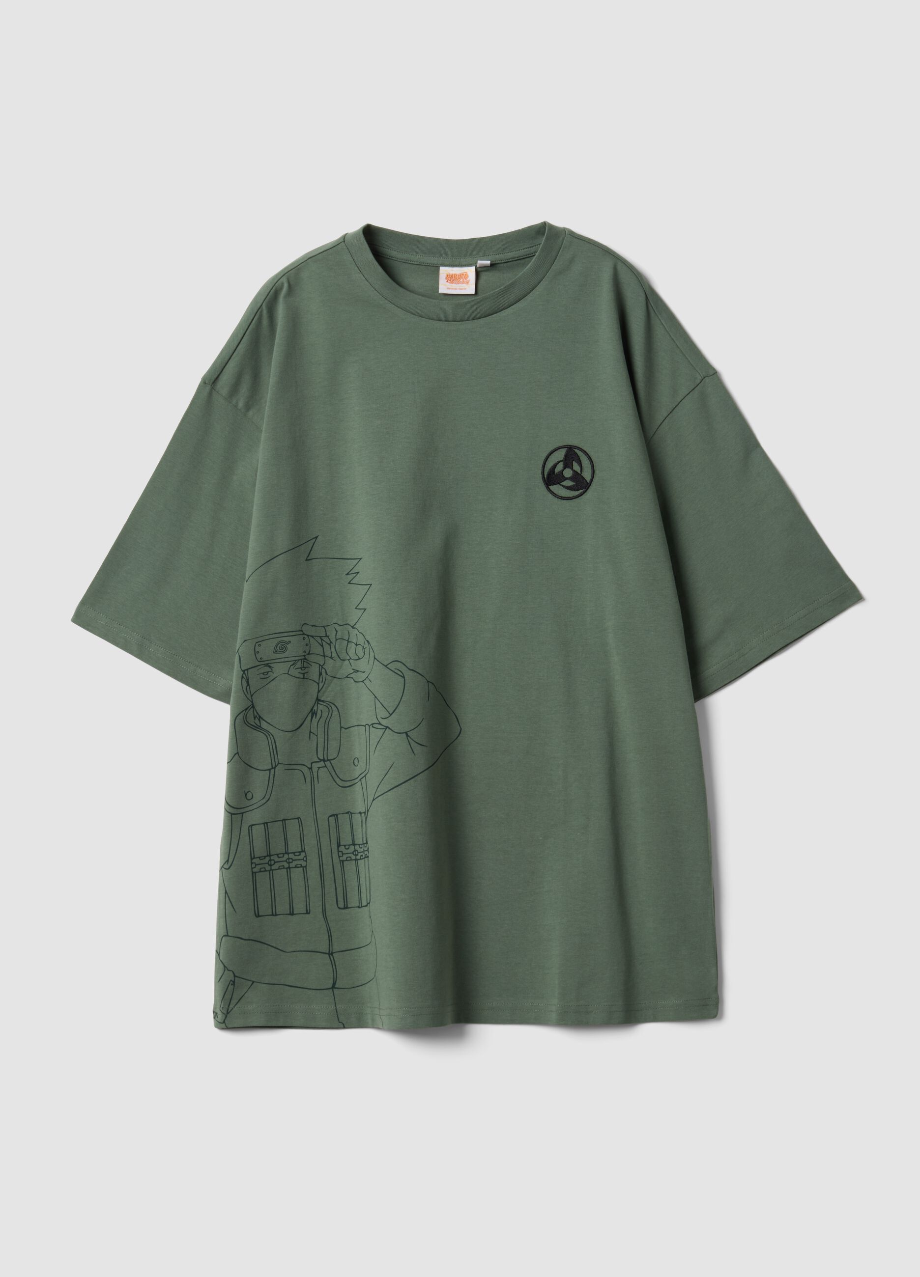 T-shirt verde em algod&atilde;o puro com estampado Naruto