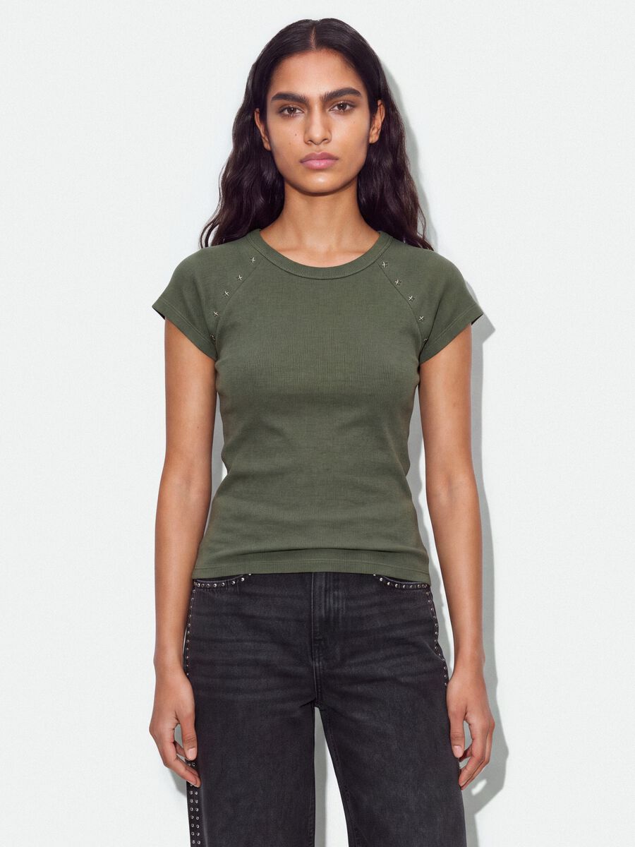 Green fitted ribbed stretch-cotton T-shirt with studs_0
