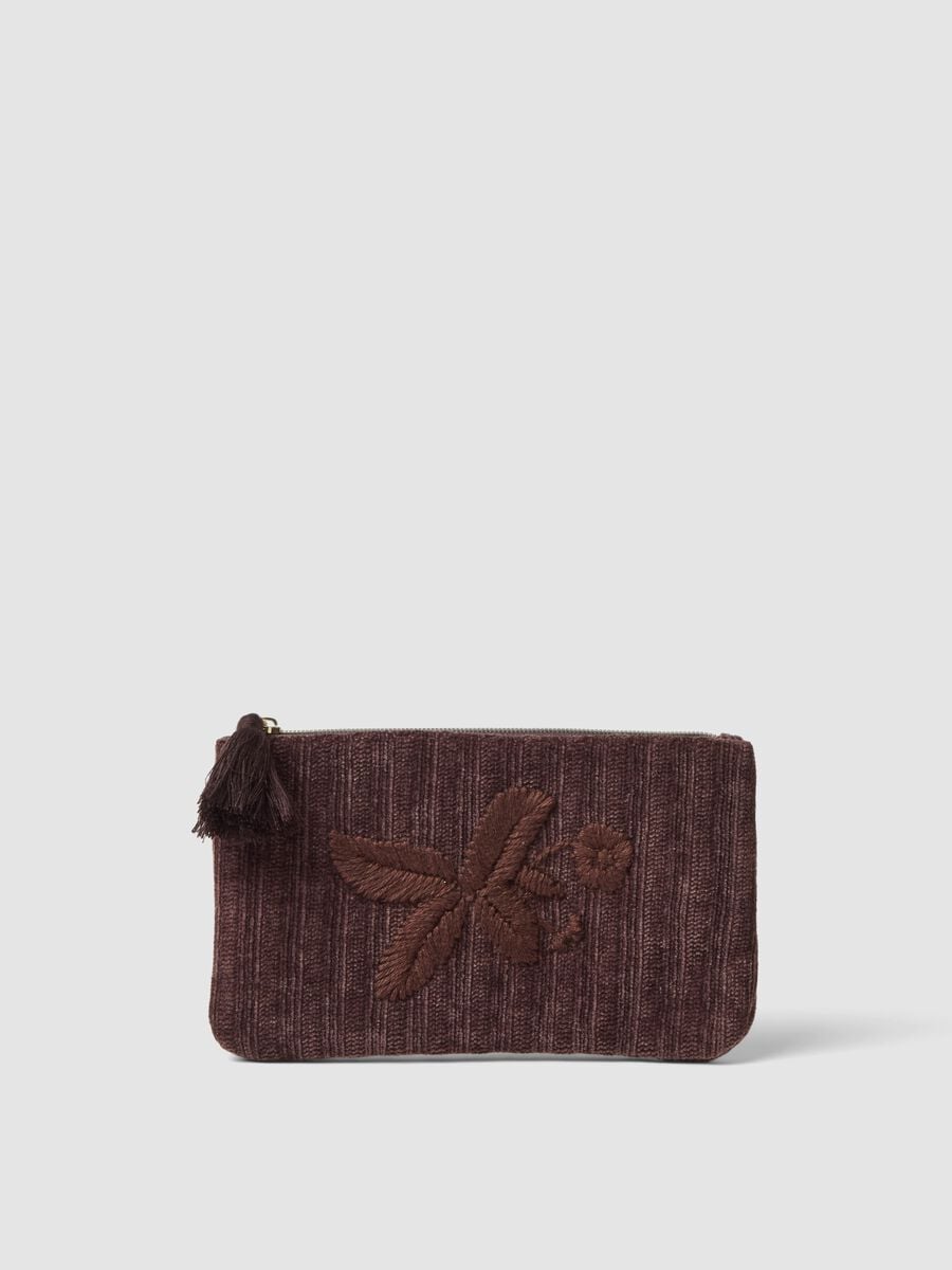 Brown pouch with floral embroidery and tassel_0