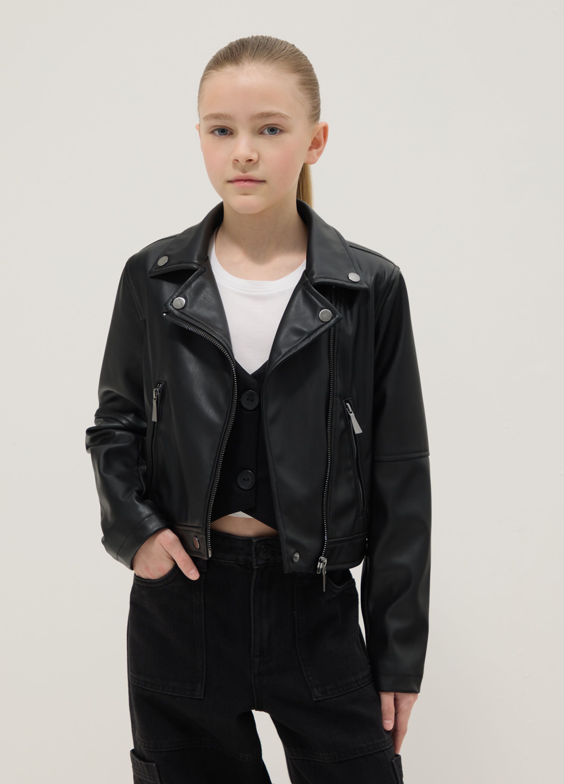Girls' regular fit black biker jacket with zip