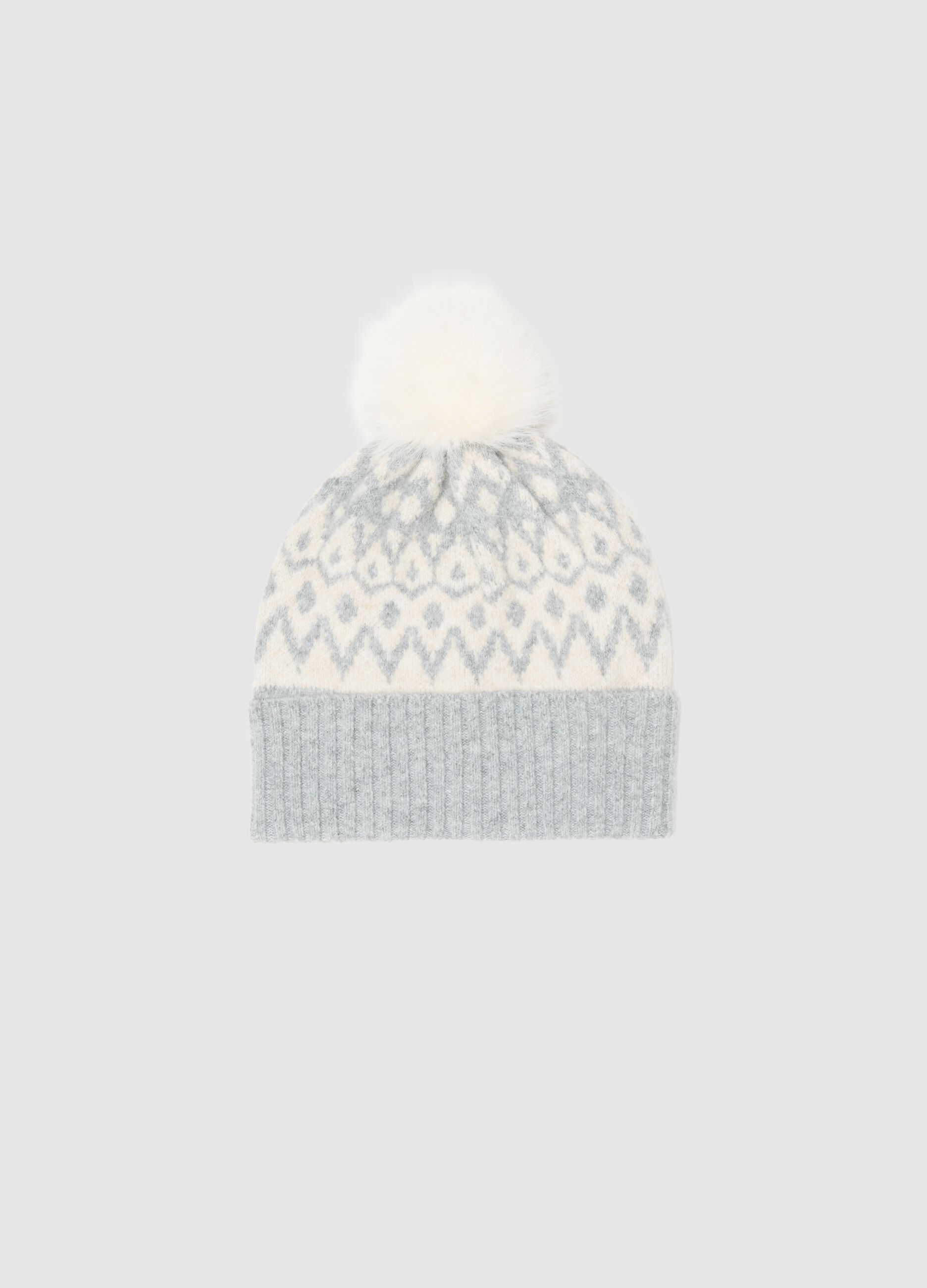 Multicolour regular fit beanie with pompom and geometric pattern