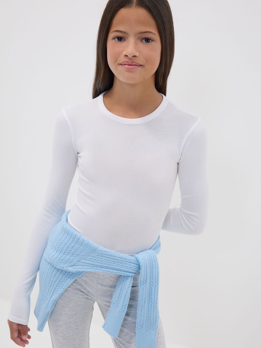 White fitted stretch cotton bodysuit with crew neck_0