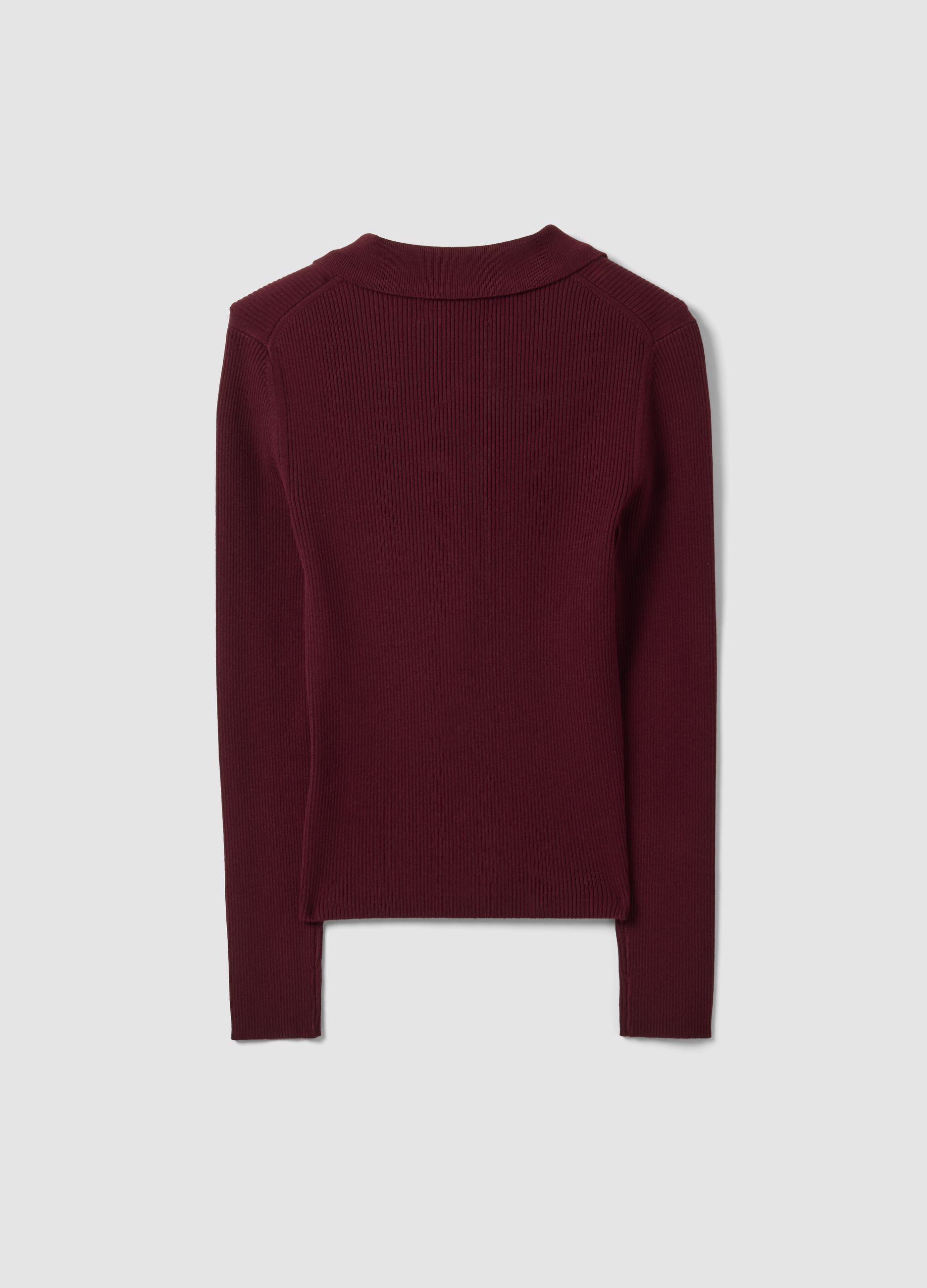 Cardigan fitted rosso a coste in misto viscosa con colletto polo