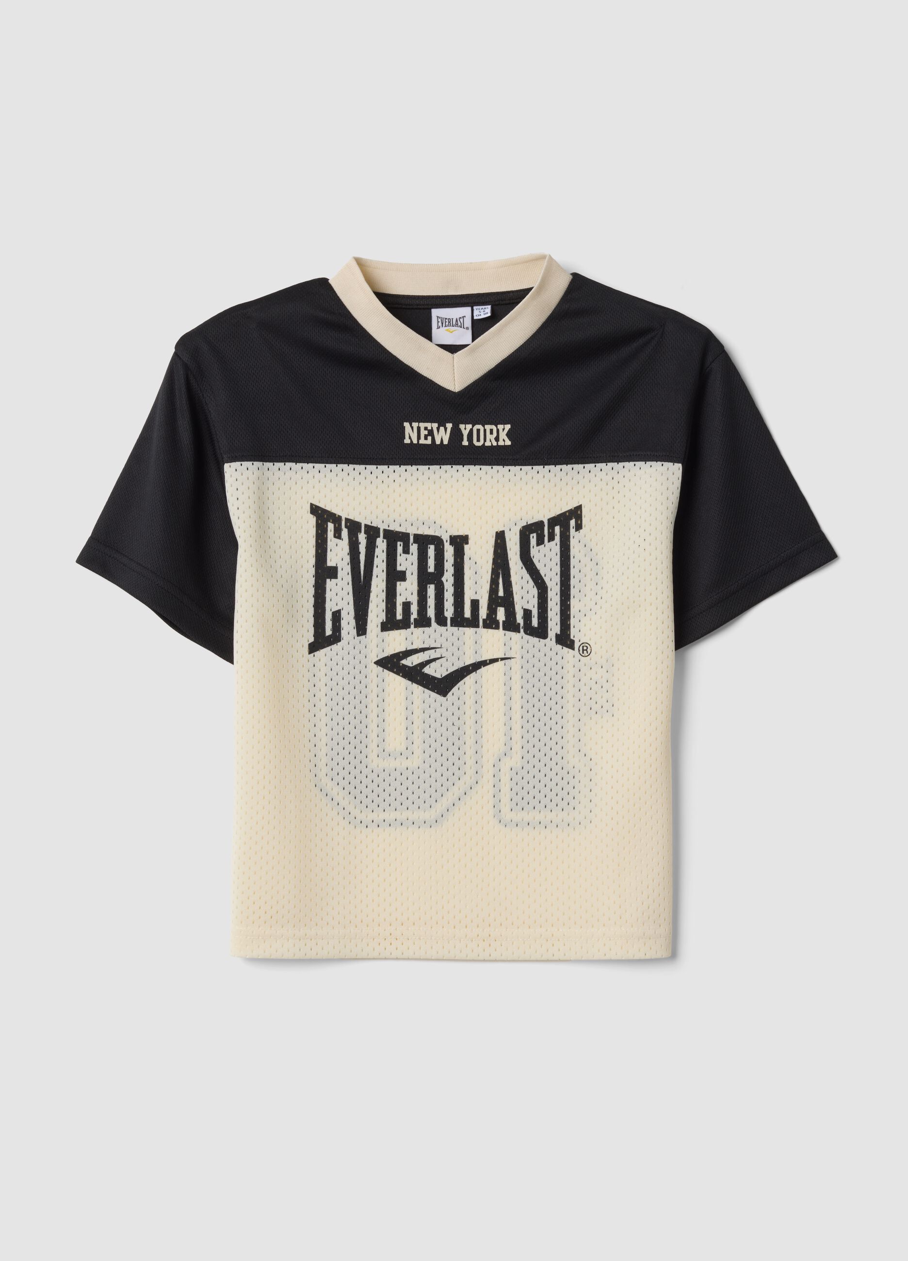 T-shirt infantil bege de manga curta com decote em V e corte oversize