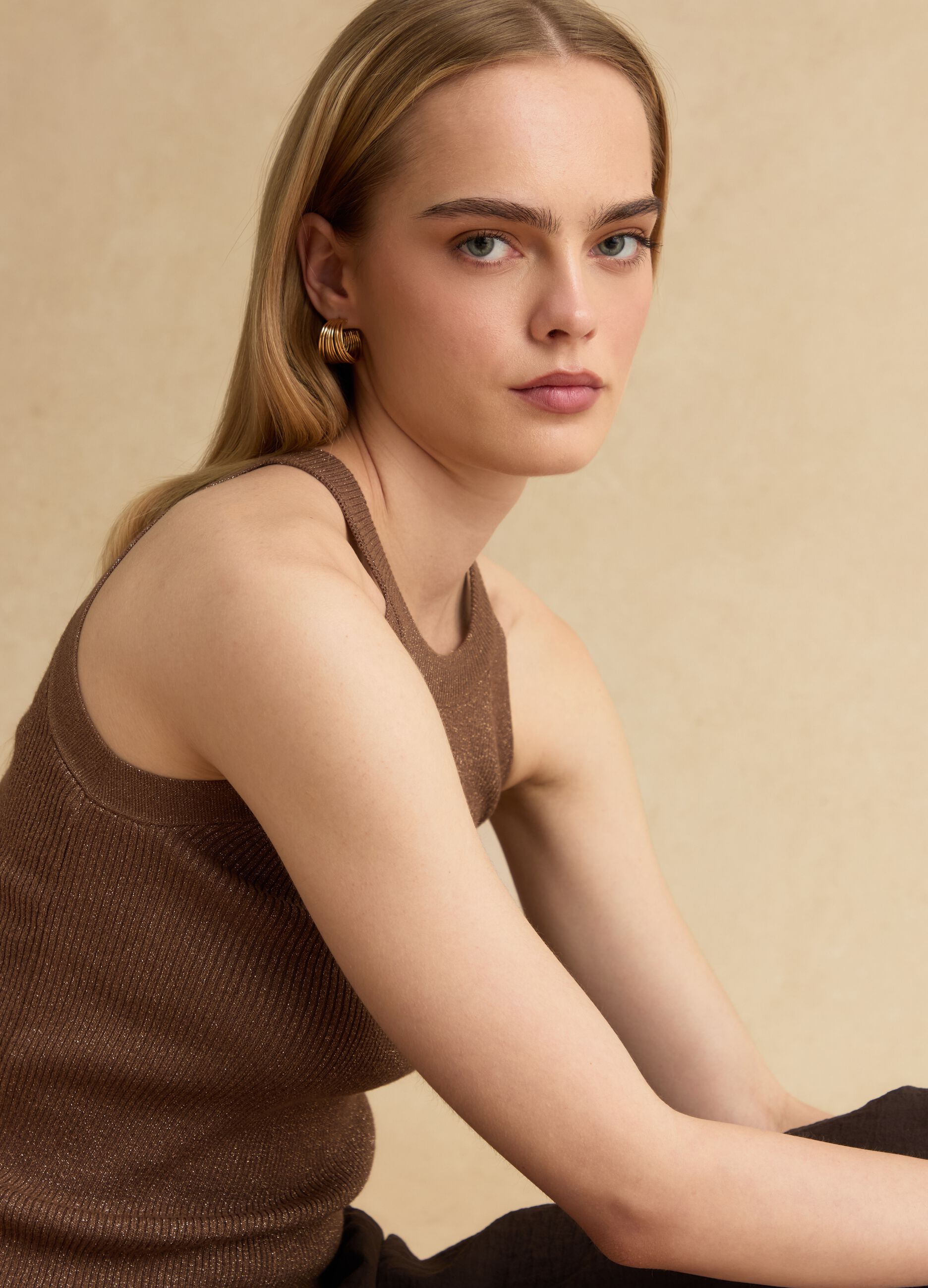 Brown viscose blend fitted tank top