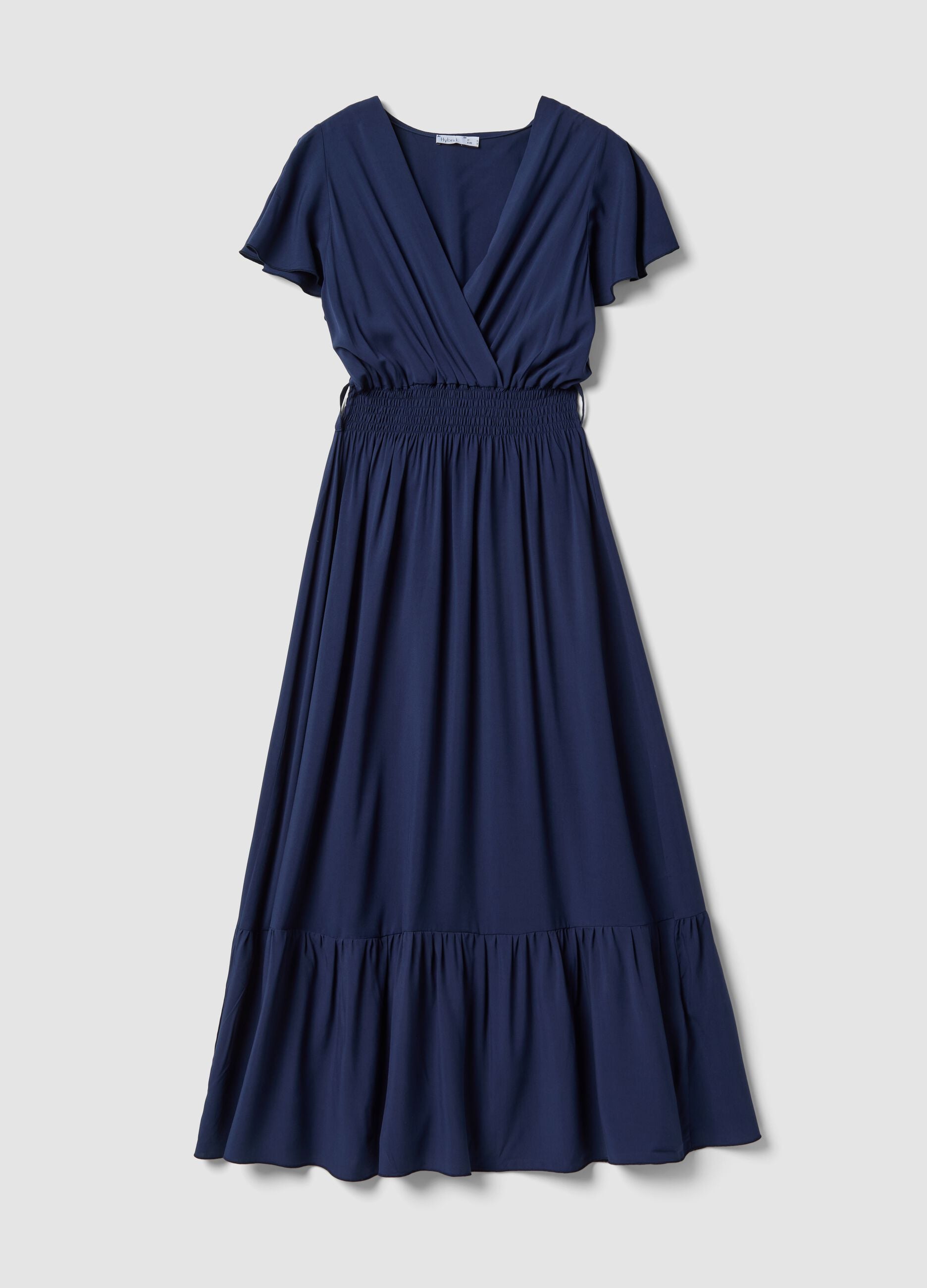 Long blue pure-viscose dress with wrap V-neck, regular fit