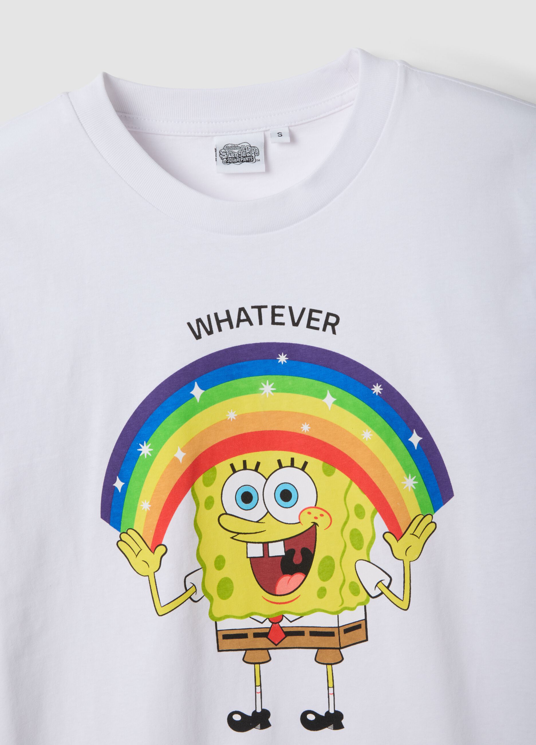 White pure cotton regular fit T-shirt with SpongeBob print