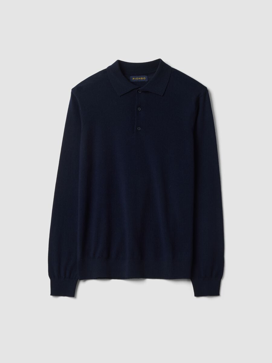 Navy pure merino wool polo jumper with polo collar_0