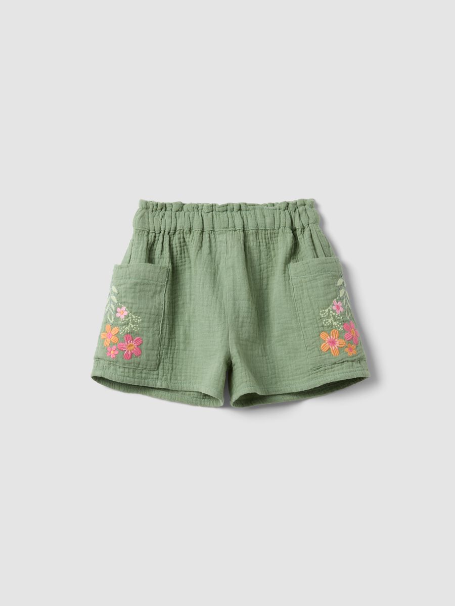 Green pure cotton shorts with floral embroidery for baby girl, regular fit_0