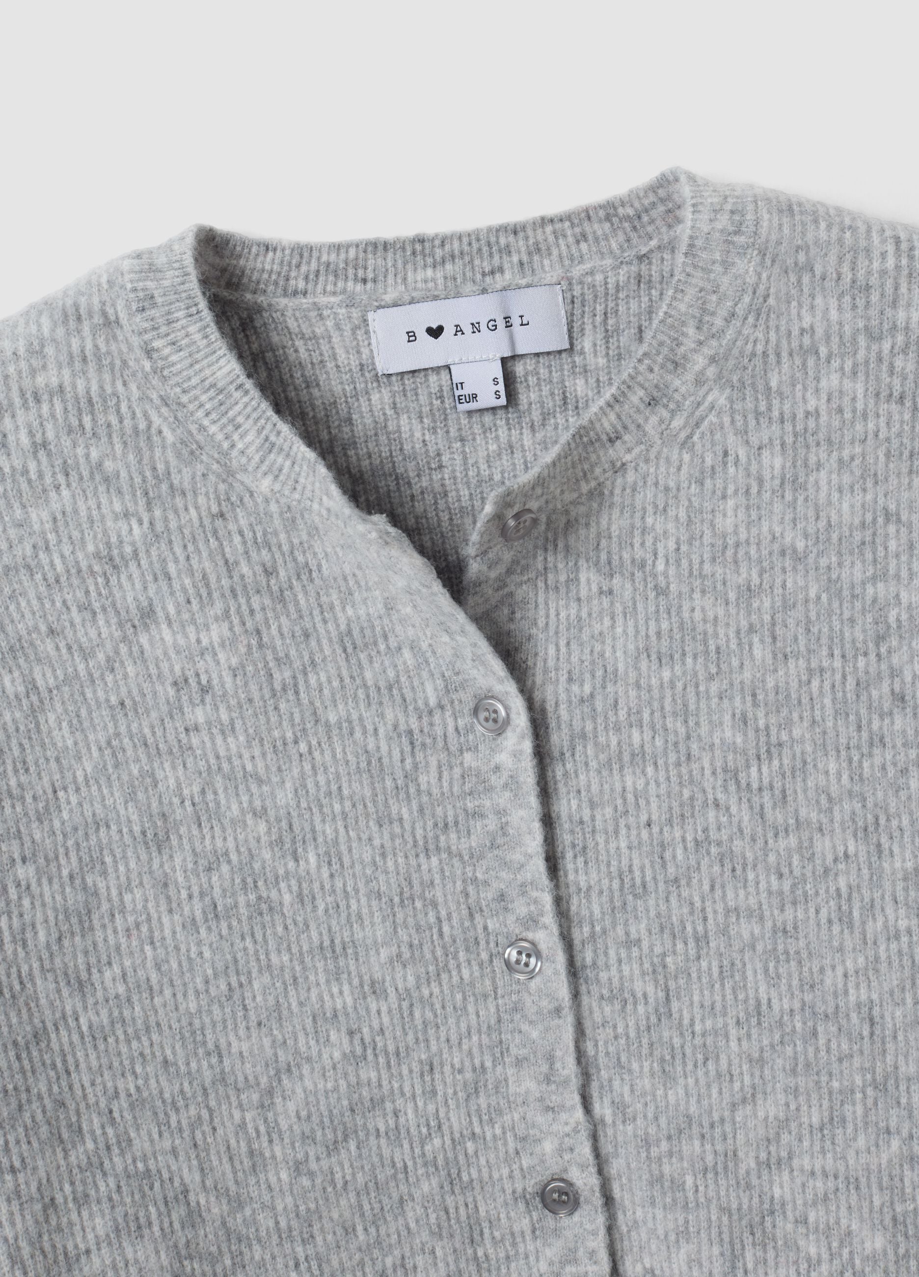 Cardigan grigio girocollo in misto lyocell e lana over fit