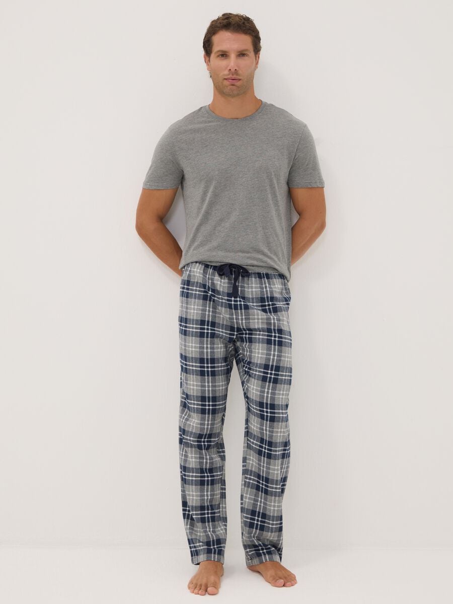 Pantaloni pigiama blu e grigi in flanella di puro cotone organico a quadri_0