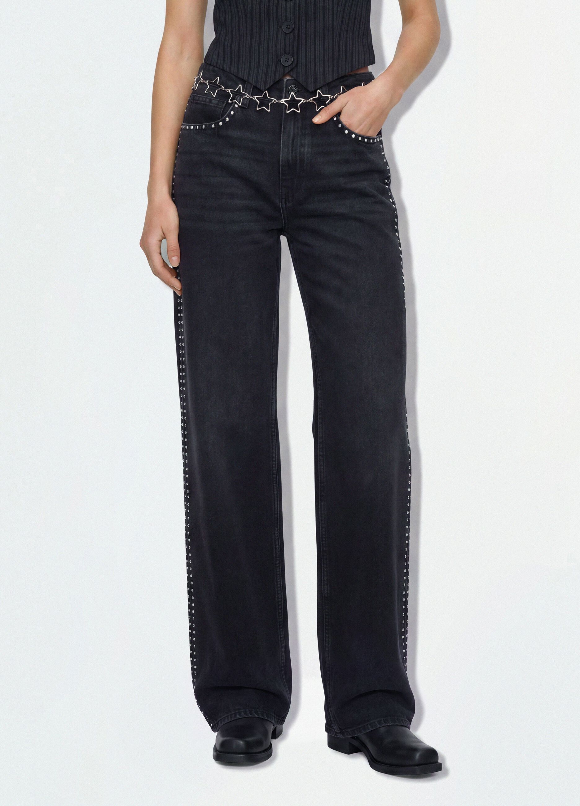 Black pure cotton wide-leg jeans with studs