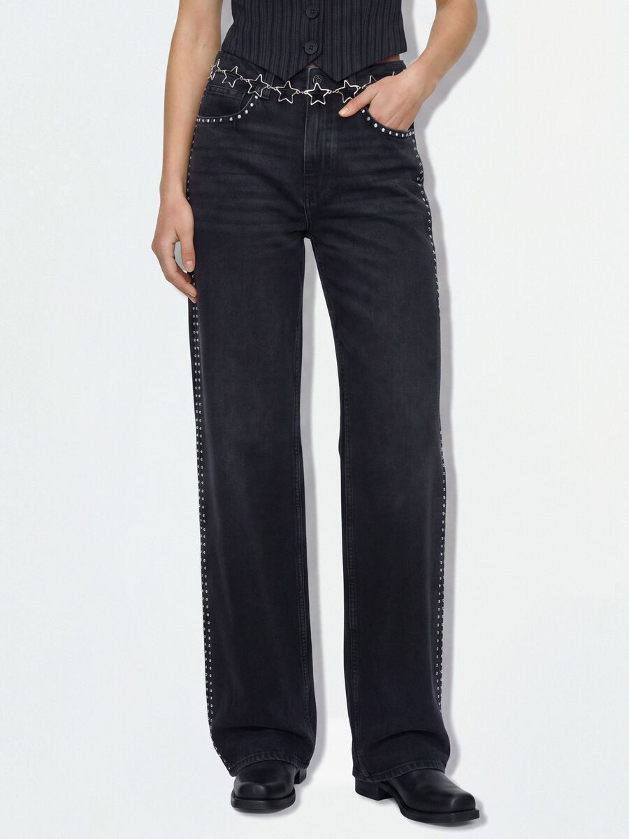 Black pure cotton wide-leg jeans with studs_1