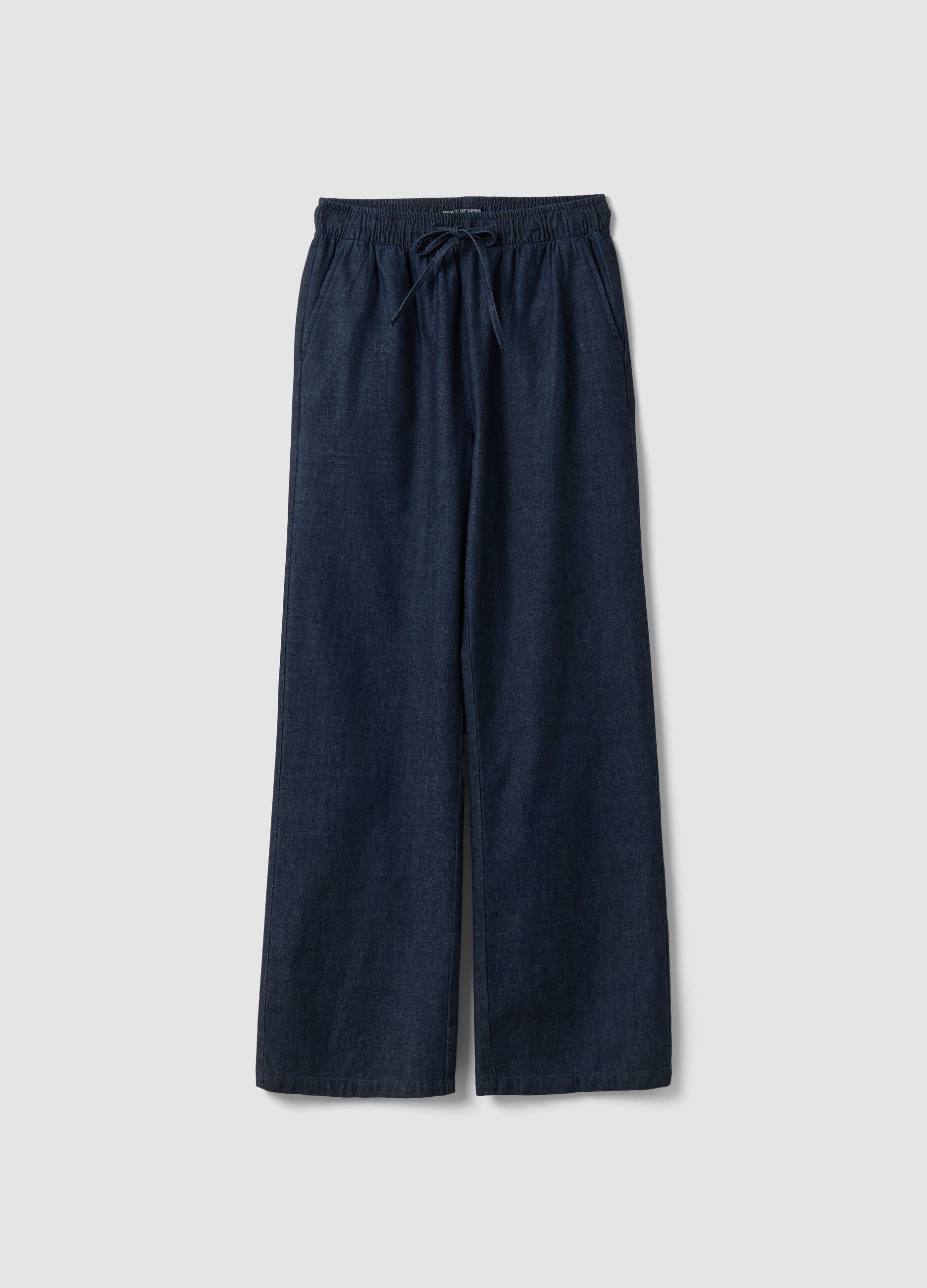 Pantaloni denim blu in puro cotone wide leg con coulisse
