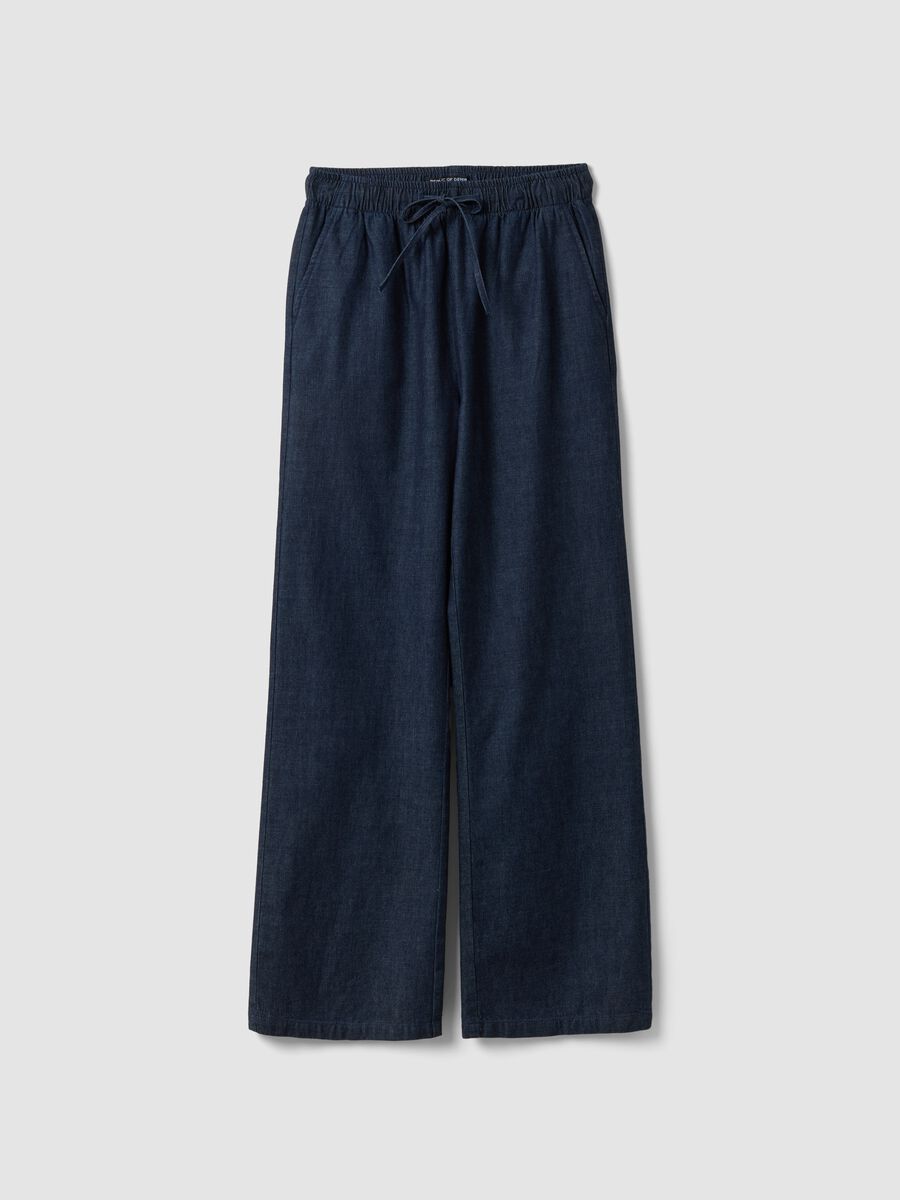 Pantaloni denim blu in puro cotone wide leg con coulisse_4