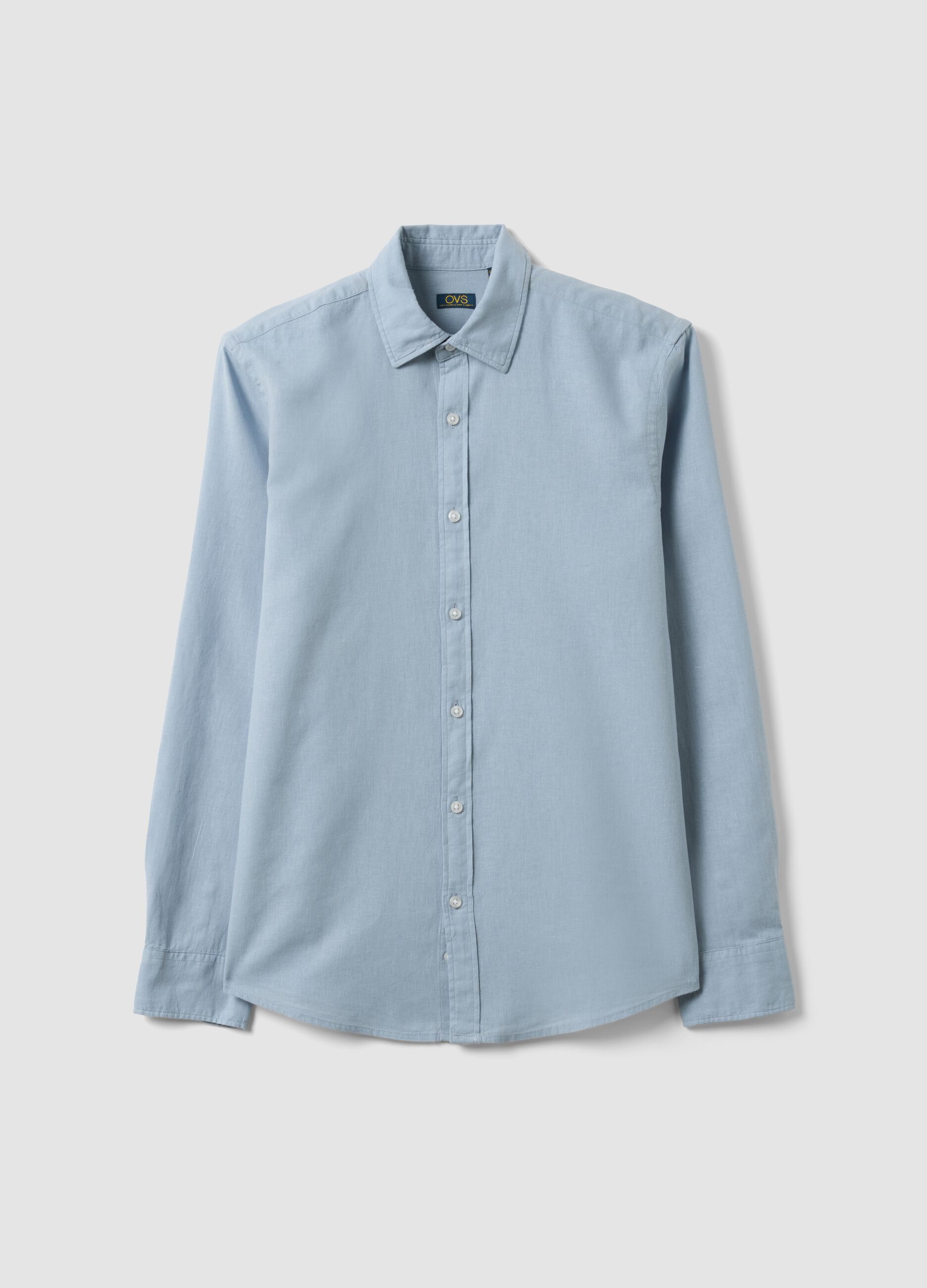 Regular fit blue shirt in linen and cotton blend