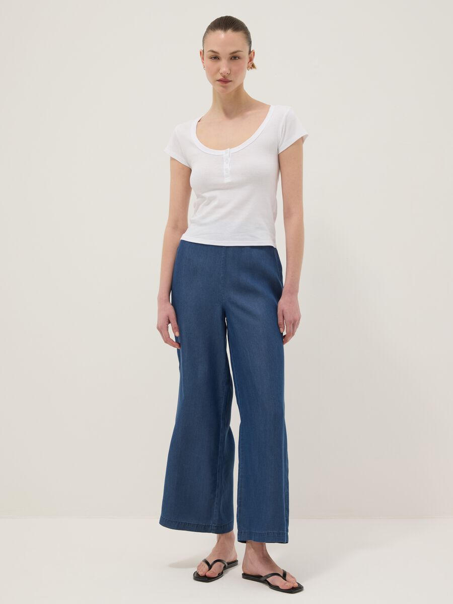 White pure cotton regular fit T-shirt with deep Henley neck_2