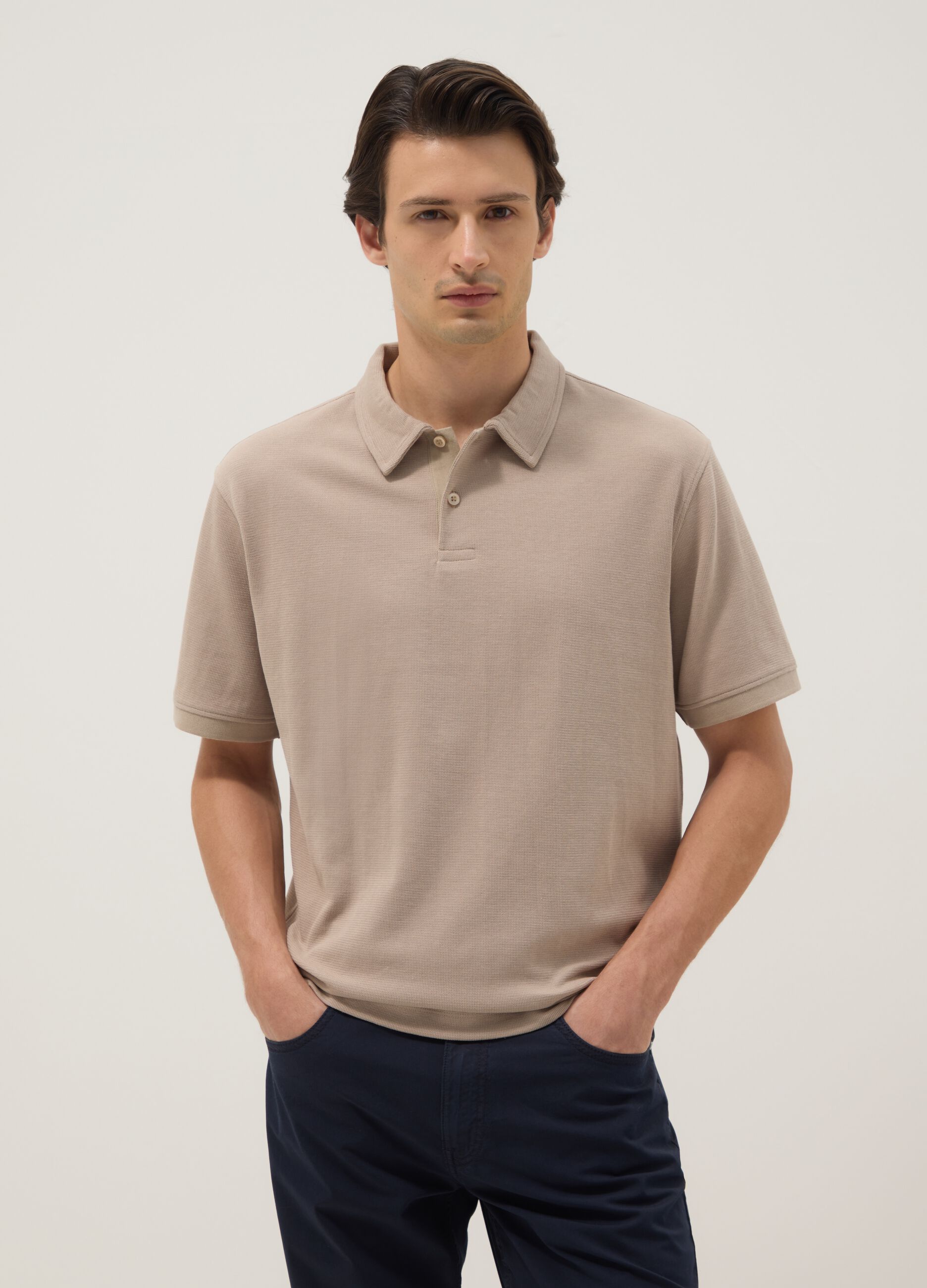 Beige Stretch Cotton Polo Regular Fit