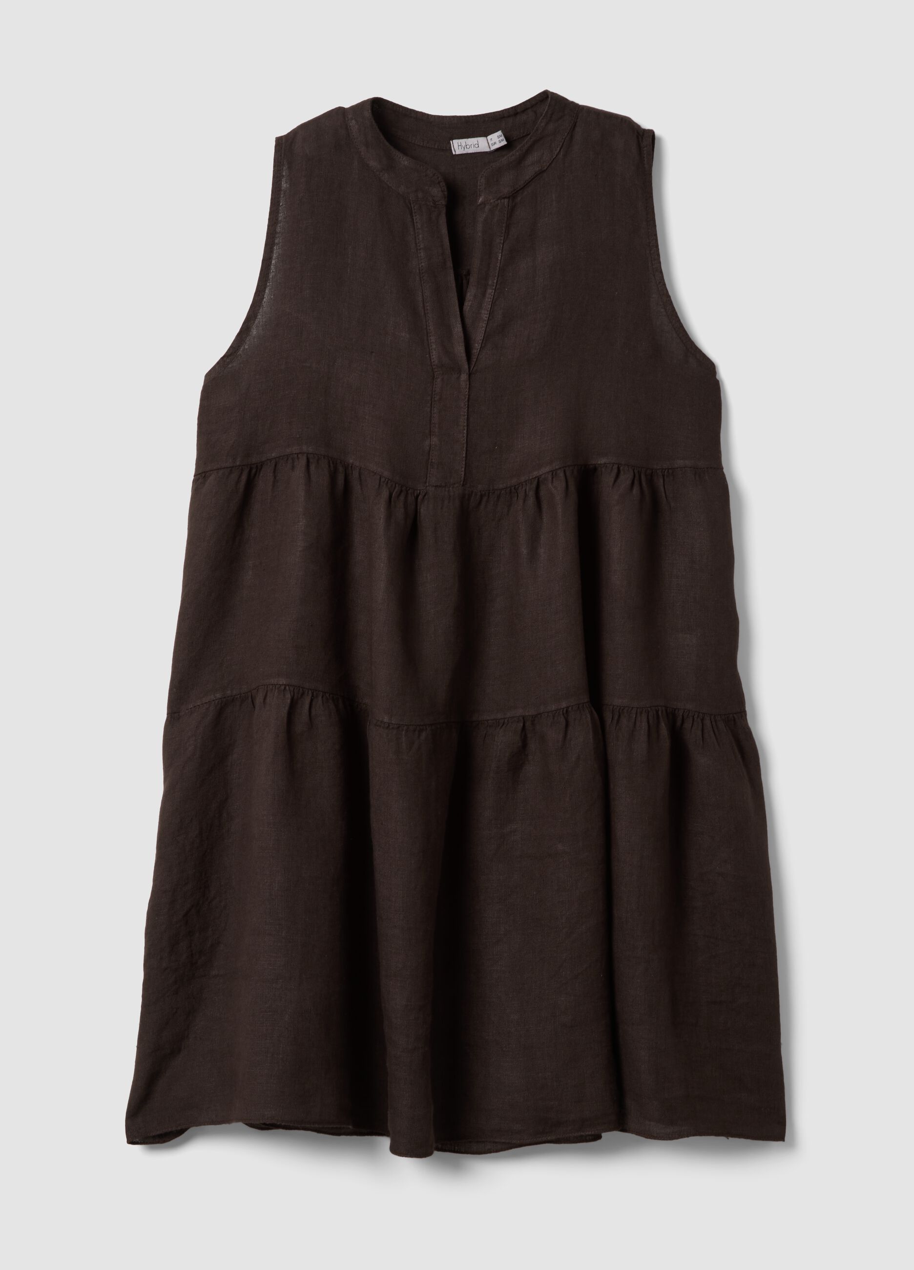 Brown sleeveless pure linen dress, regular fit