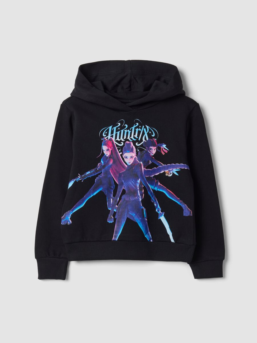 Schwarzer Hoodie aus reiner Baumwolle mit K‑Pop Demon Hunters Print_0