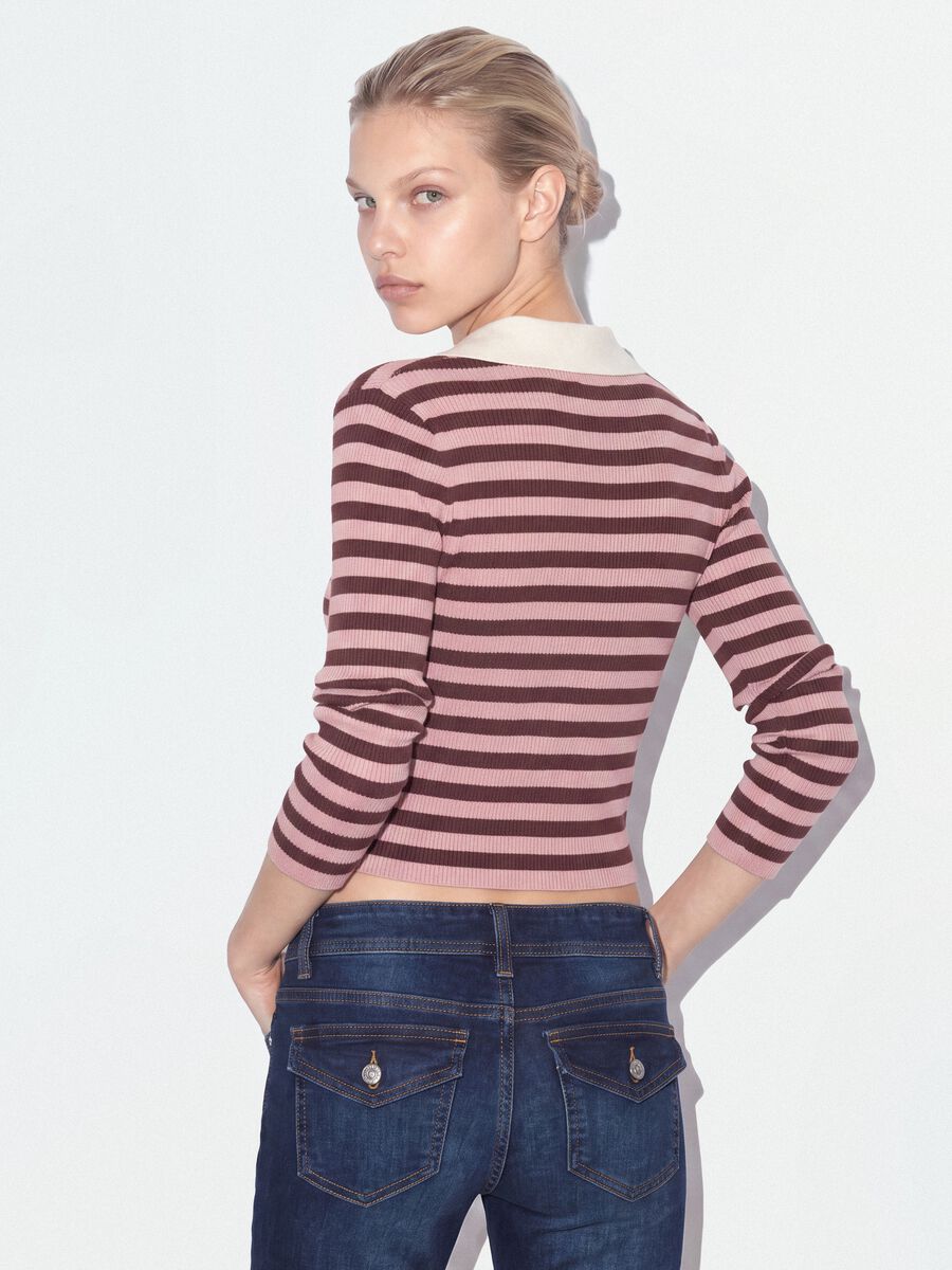 Multicolour striped viscose-blend fitted polo-collar knit top_2