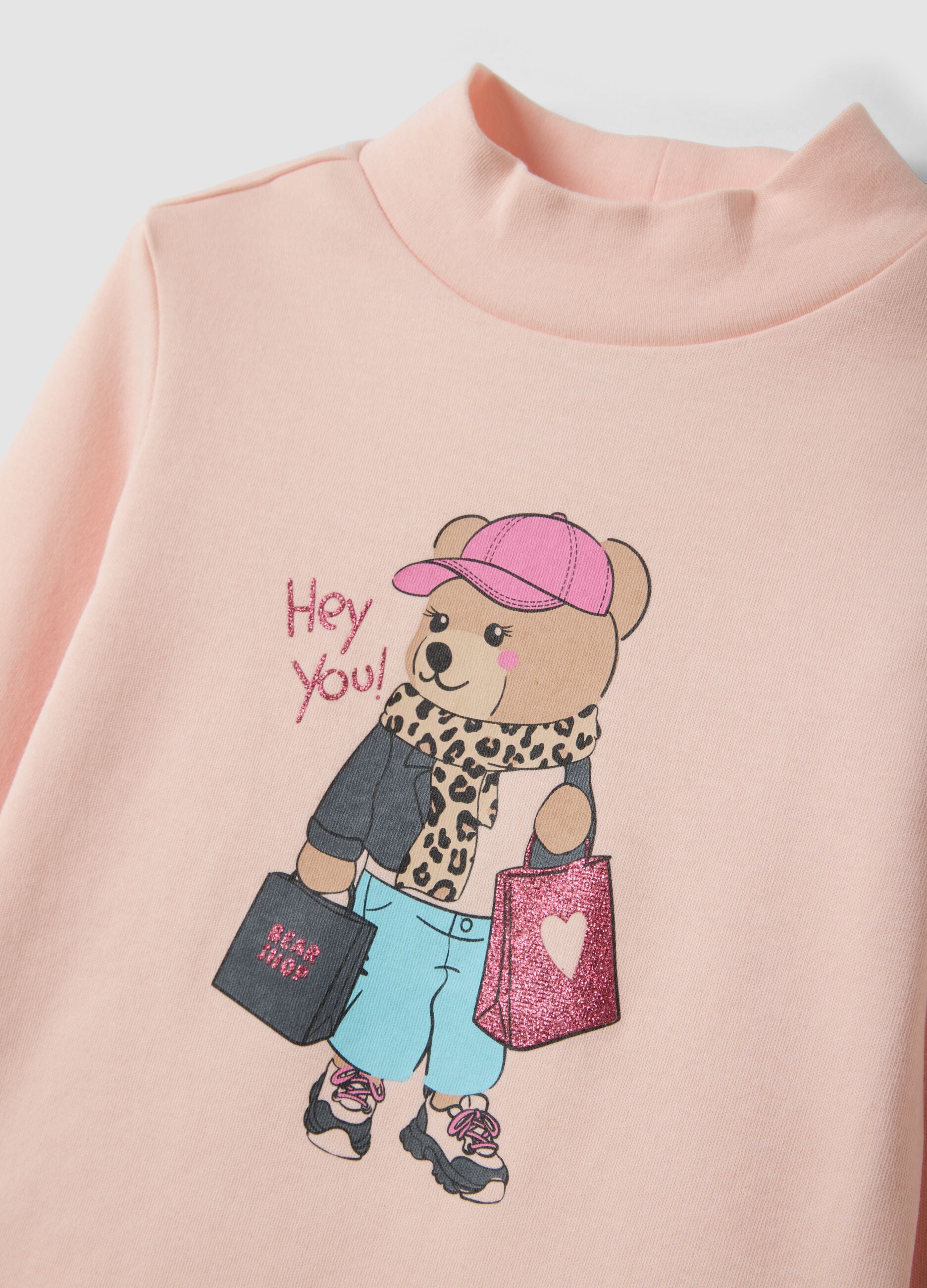 T-shirt rosa in puro cotone organico con collo rialzato e stampa orsetto