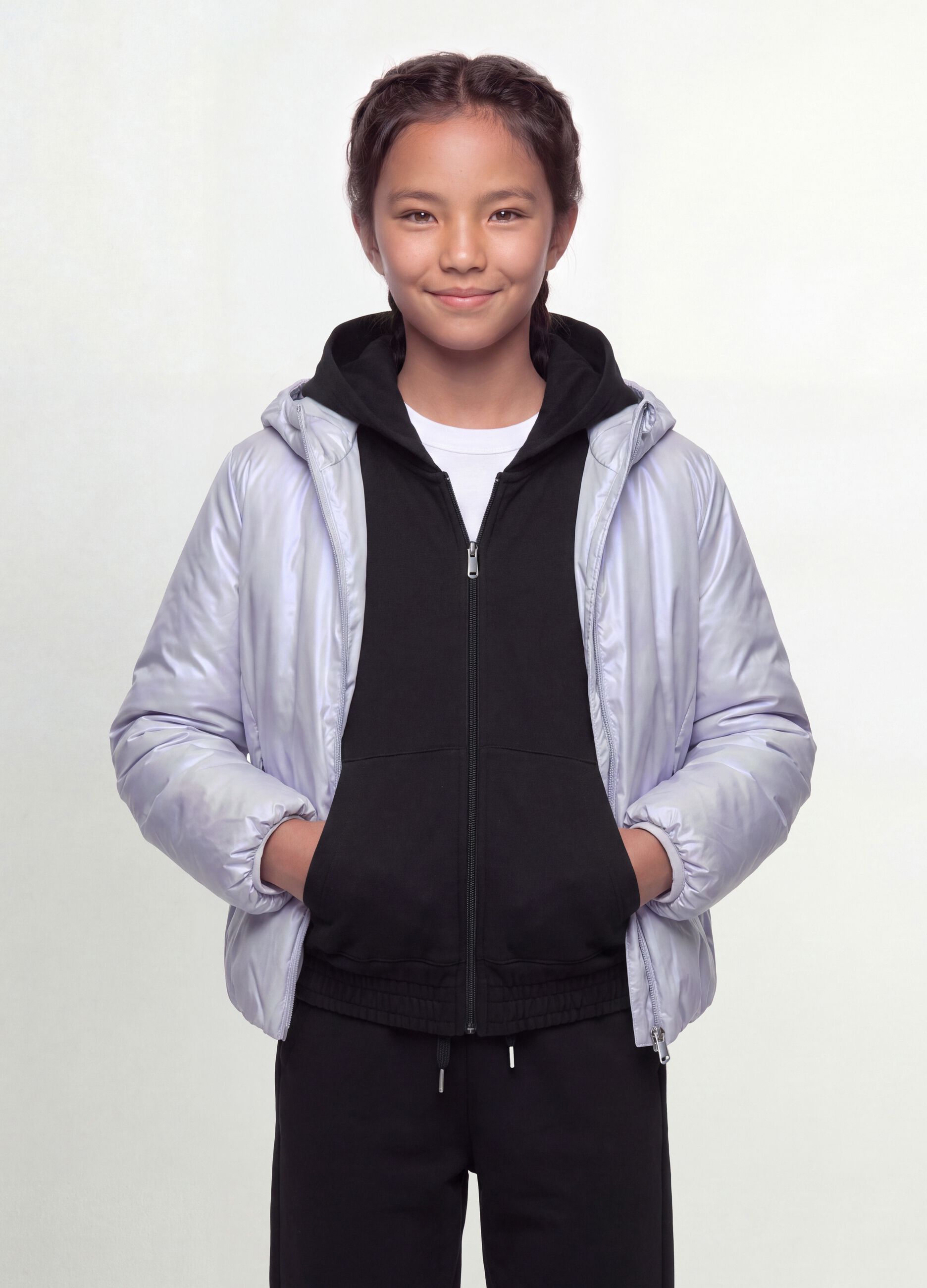 Grey hooded rain jacket with zip for girls