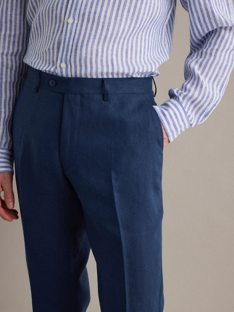 Slim-fit formal trousers in pure blue linen_3