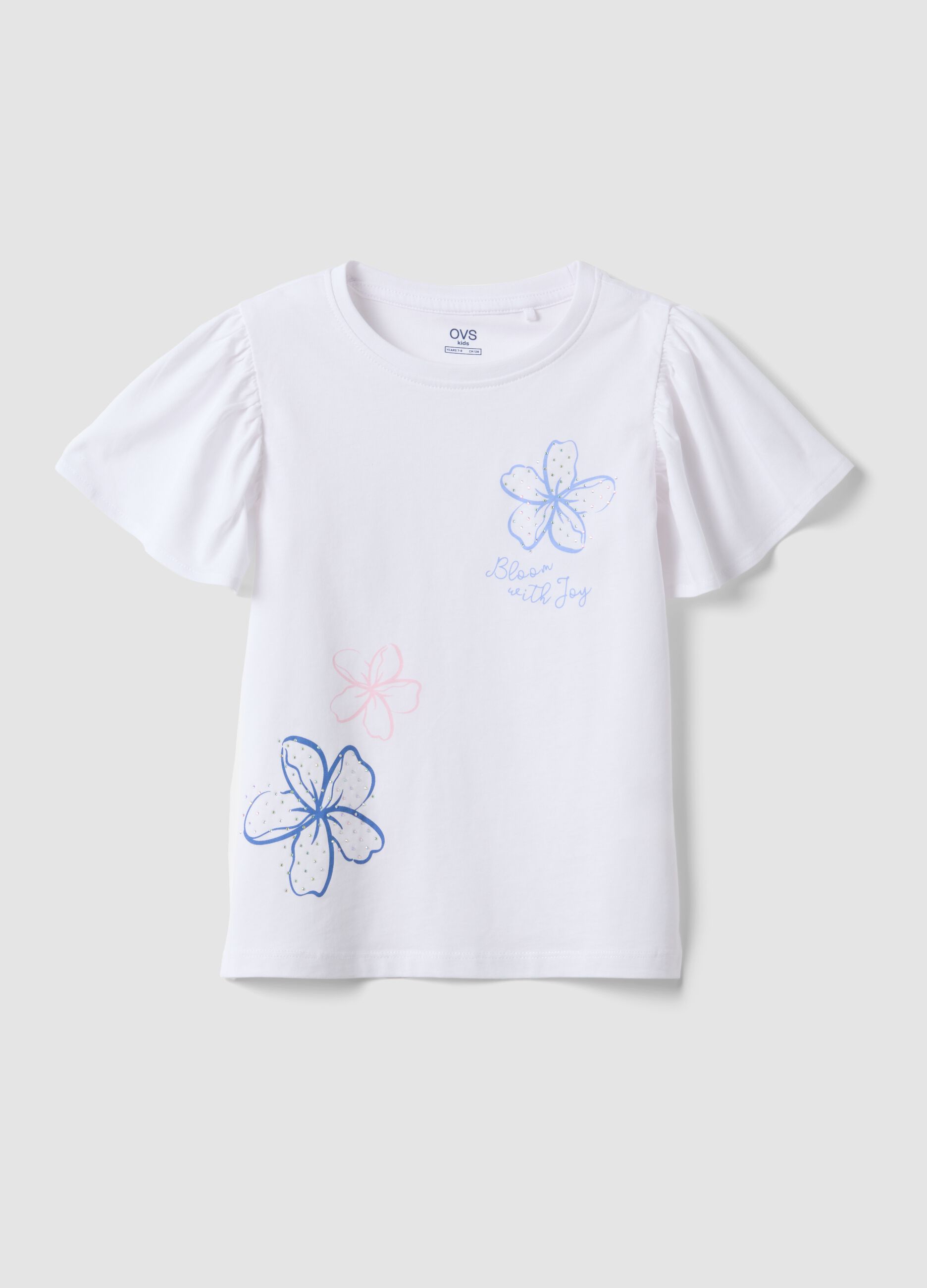 Girls&rsquo; white pure cotton T-shirt with ruffles and rhinestones
