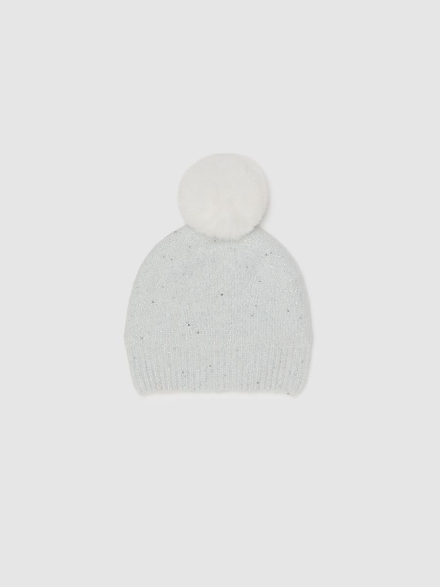 White girl's hat with pom-pom and glitter_0