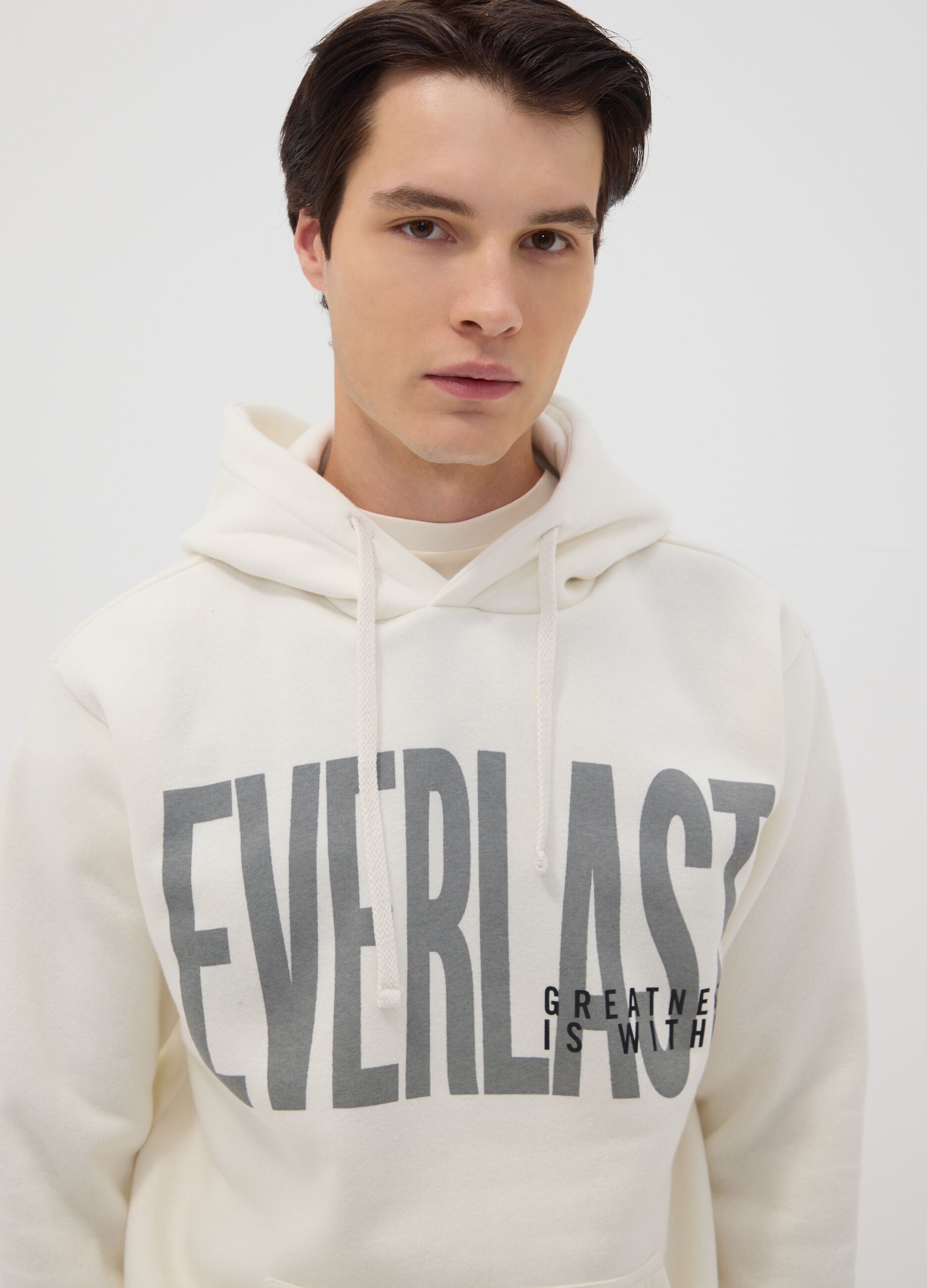 White cotton-blend hoodie with front print