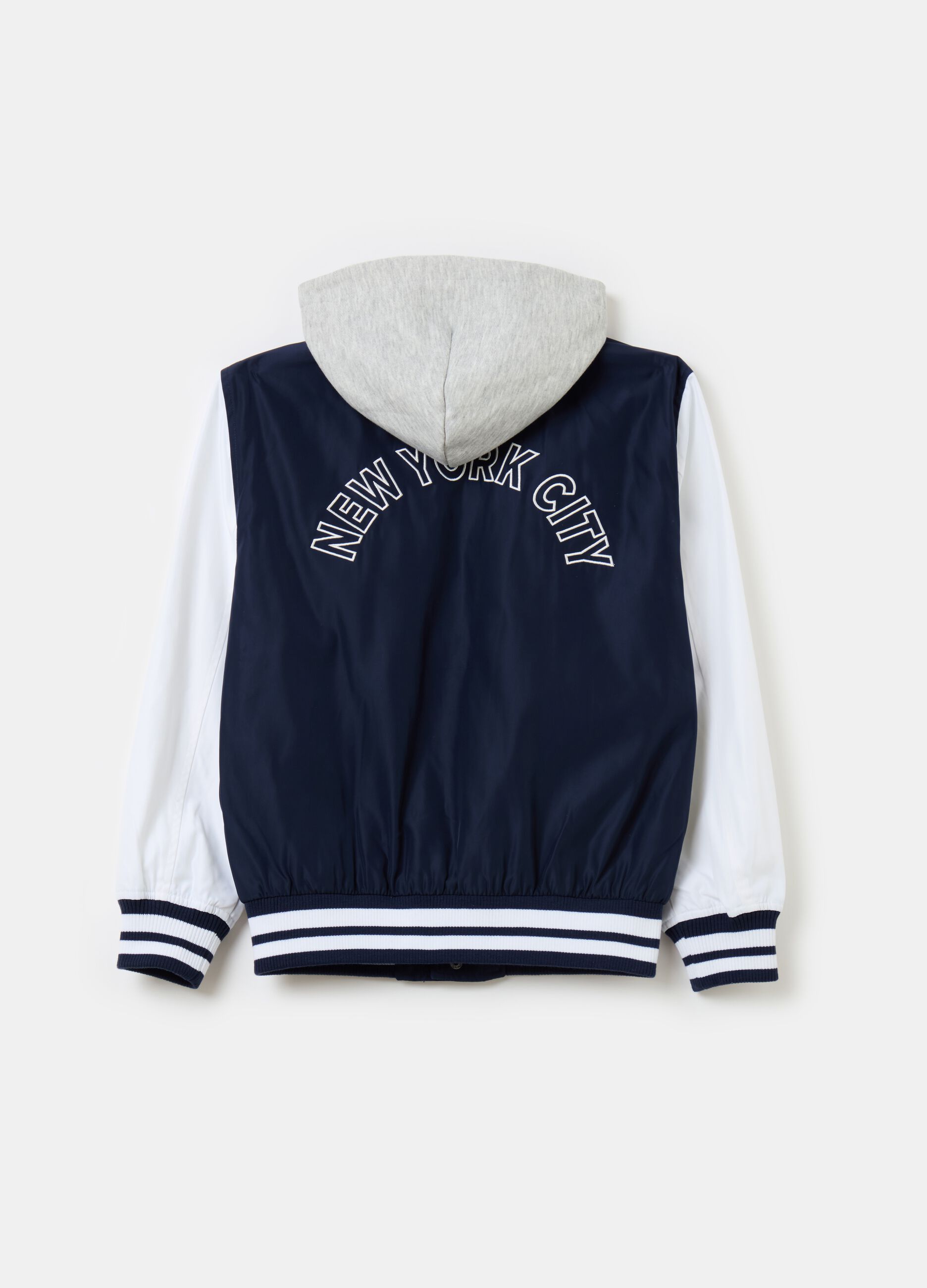 Varsity bomber jacket with hood and embroidery