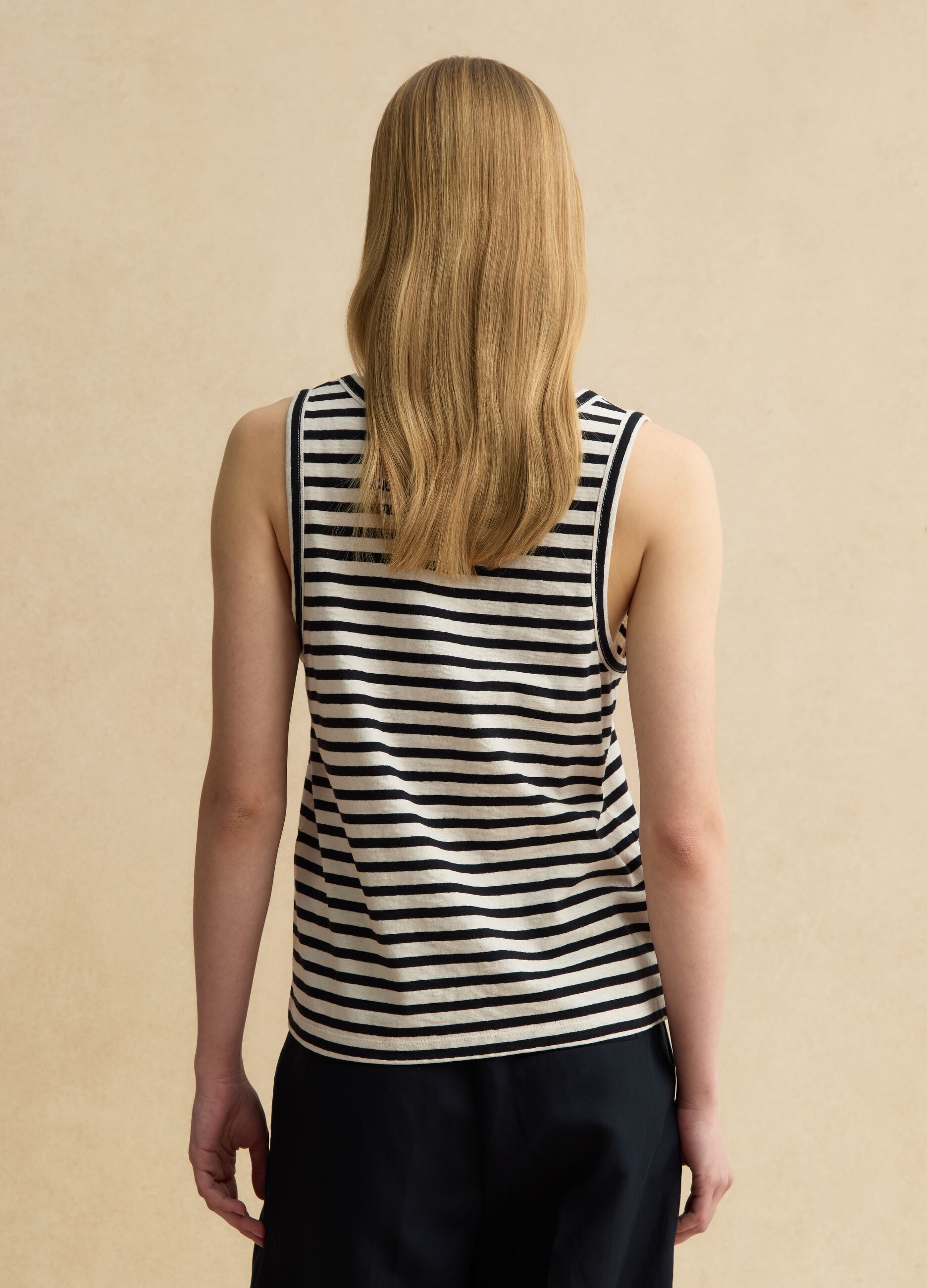 Multicolor striped regular fit cotton and linen tank top