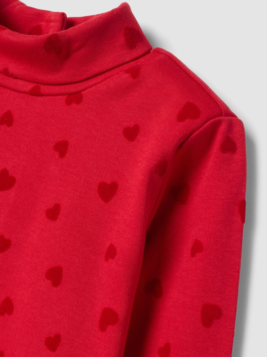 Red pure cotton roll-neck T-shirt with heart print_2