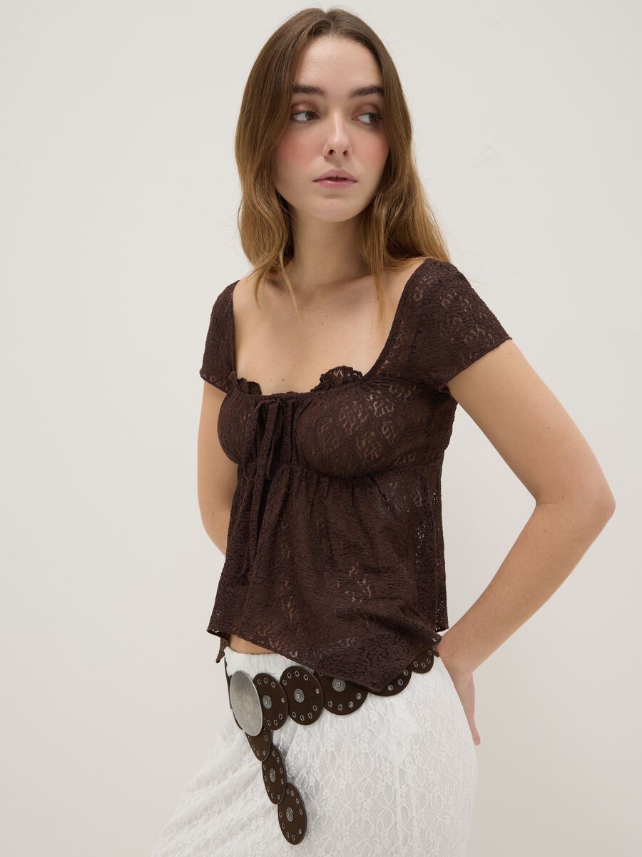 Brown lace regular fit t-shirt with bow_1