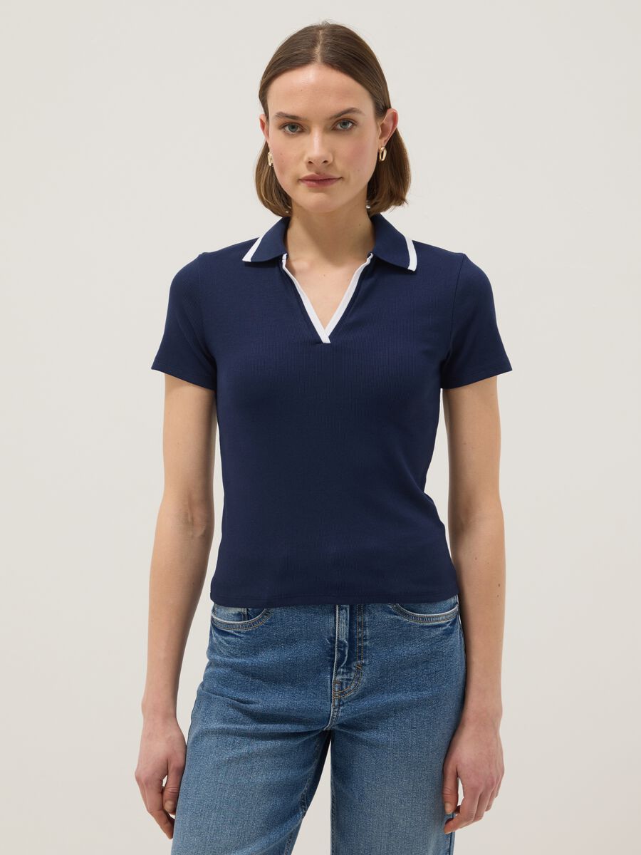 Blue stretch cotton polo with contrast collar, regular fit_0