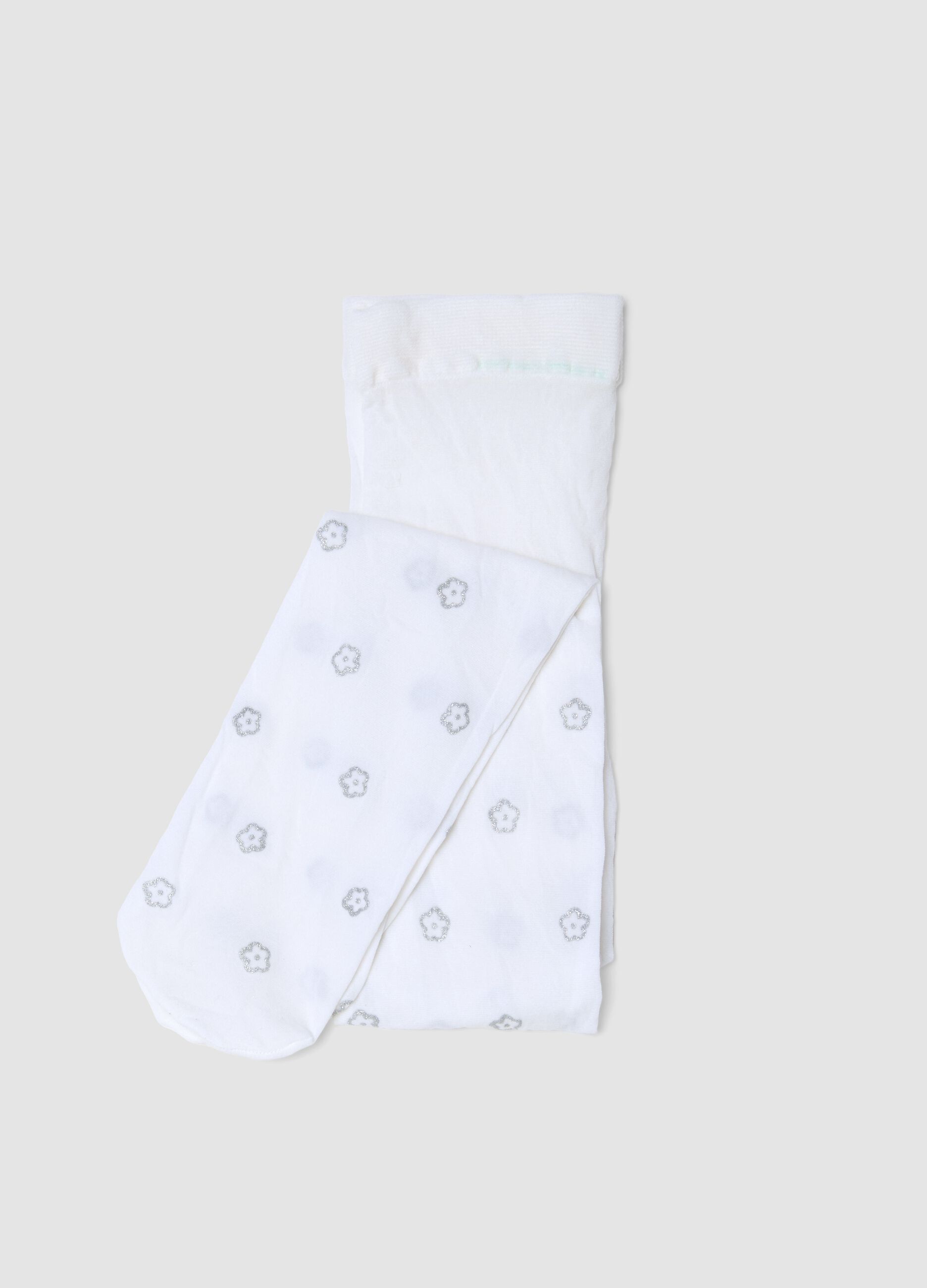Collants brancos confort&aacute;veis e el&aacute;sticos para raparigas com flores