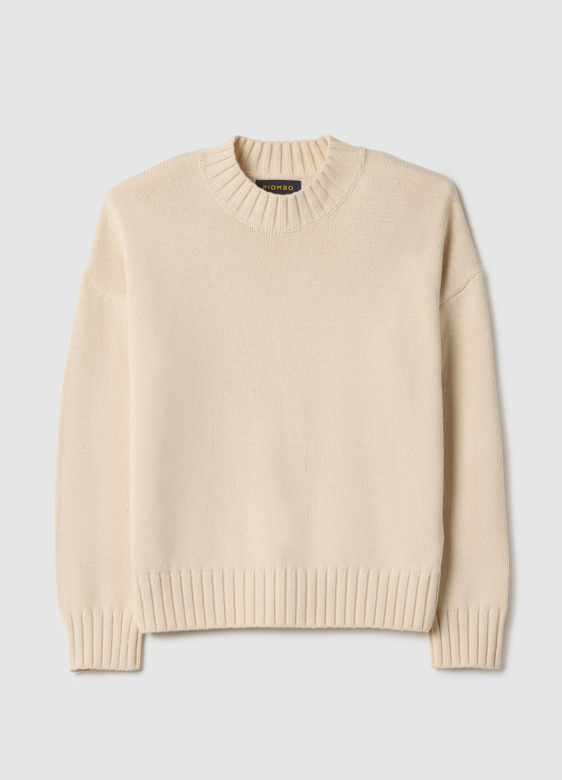 Beige crew neck pullover in pure cotton regular fit