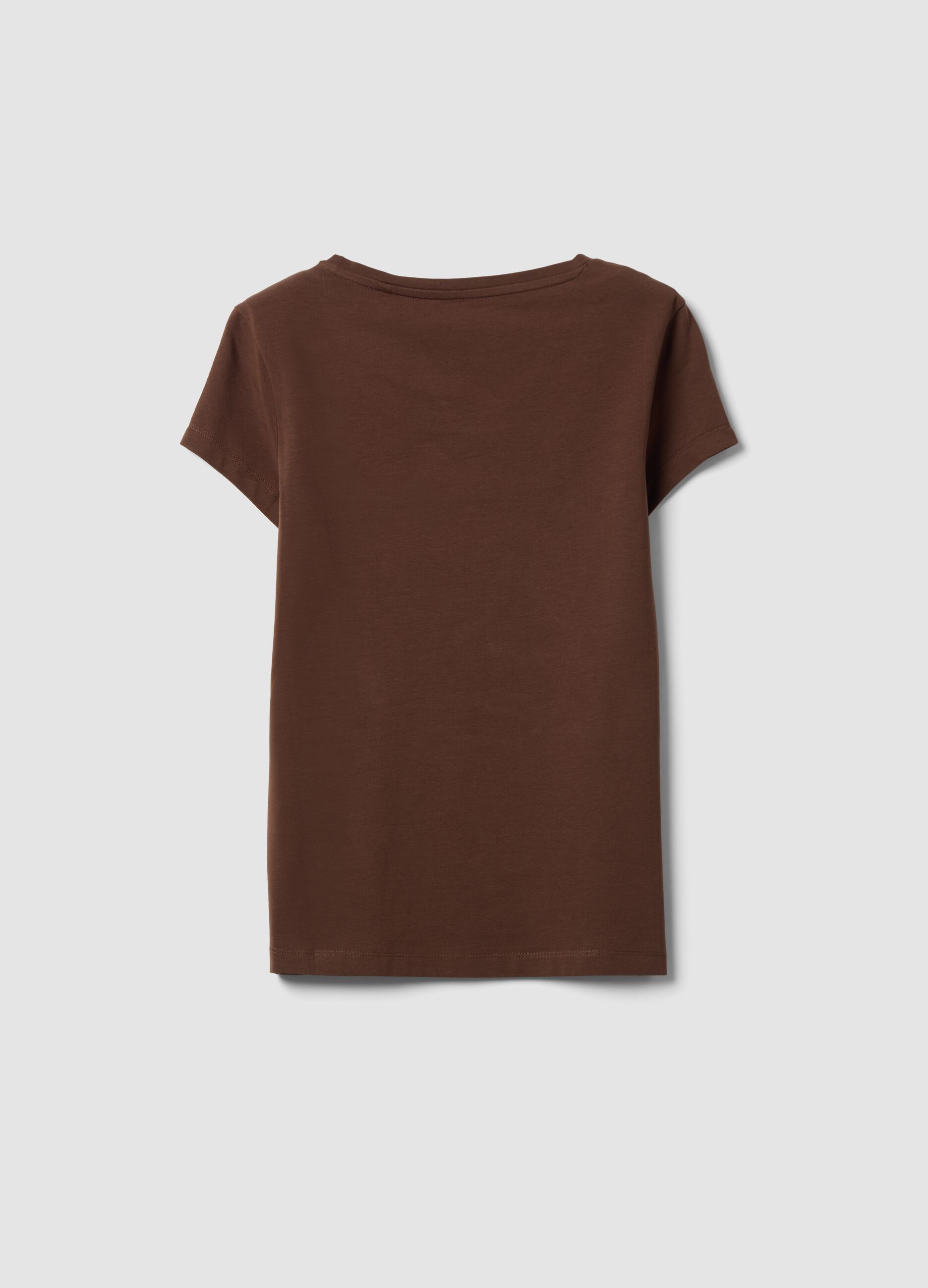 Brown stretch cotton crew-neck T-shirt, regular fit