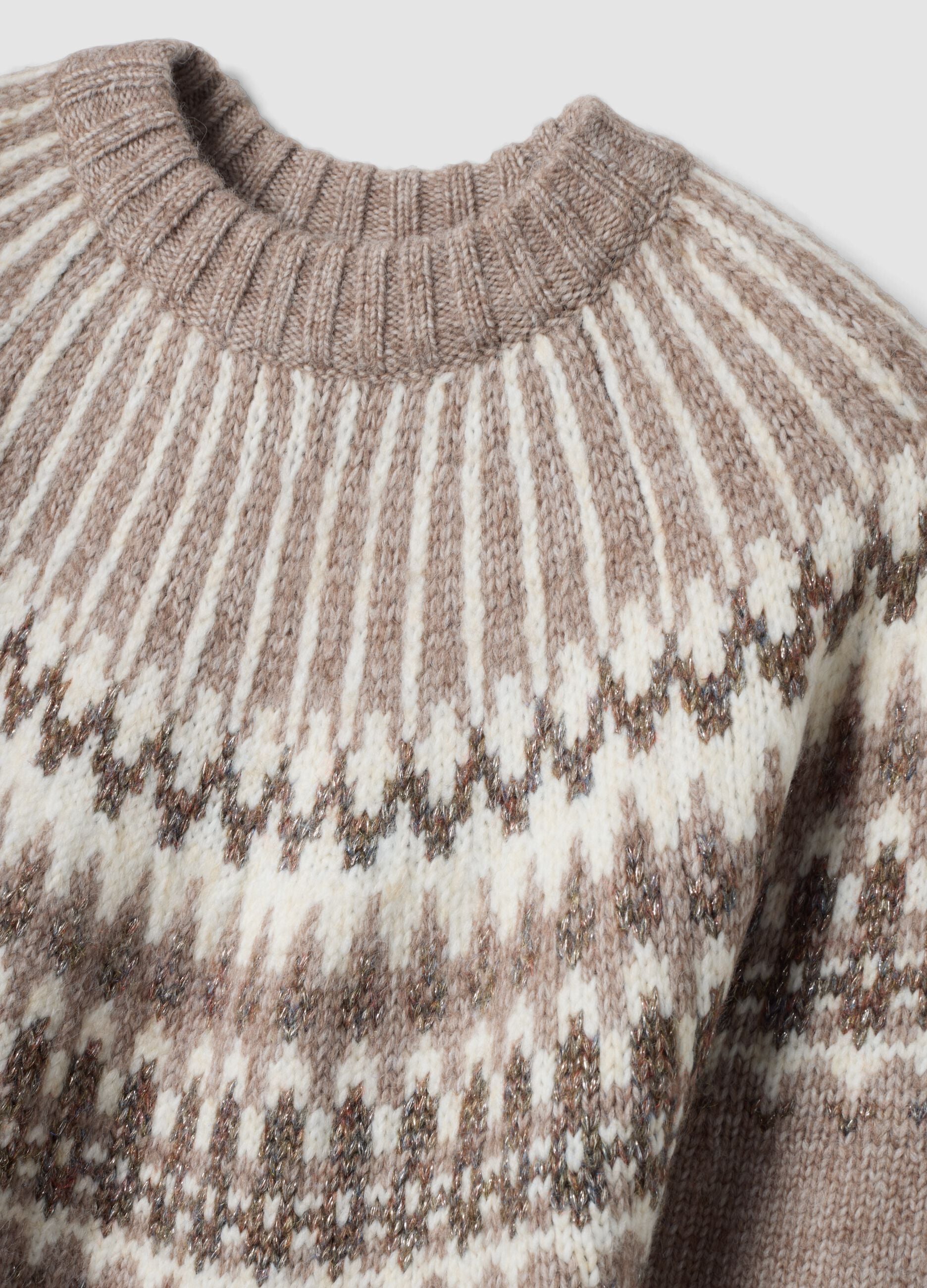 Beiger Jacquard-Pullover mit Rundhalsausschnitt in Oversize-Passform