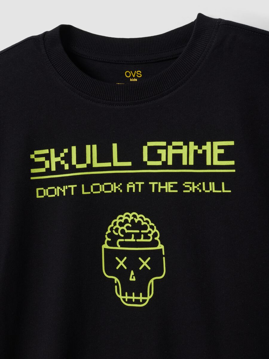 Black organic cotton crew-neck T-shirt with skull print for boys_1
