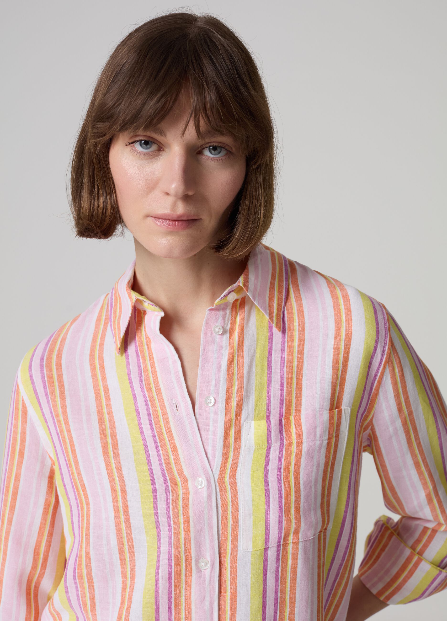 Camicia in lino e viscosa a righe multicolor