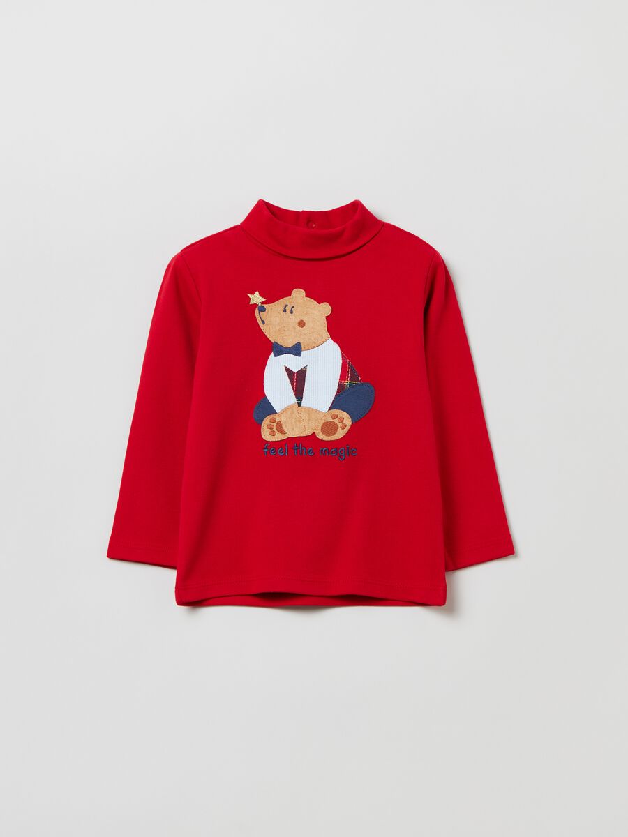 T-shirt with high neck with bear patch and embroidery_0