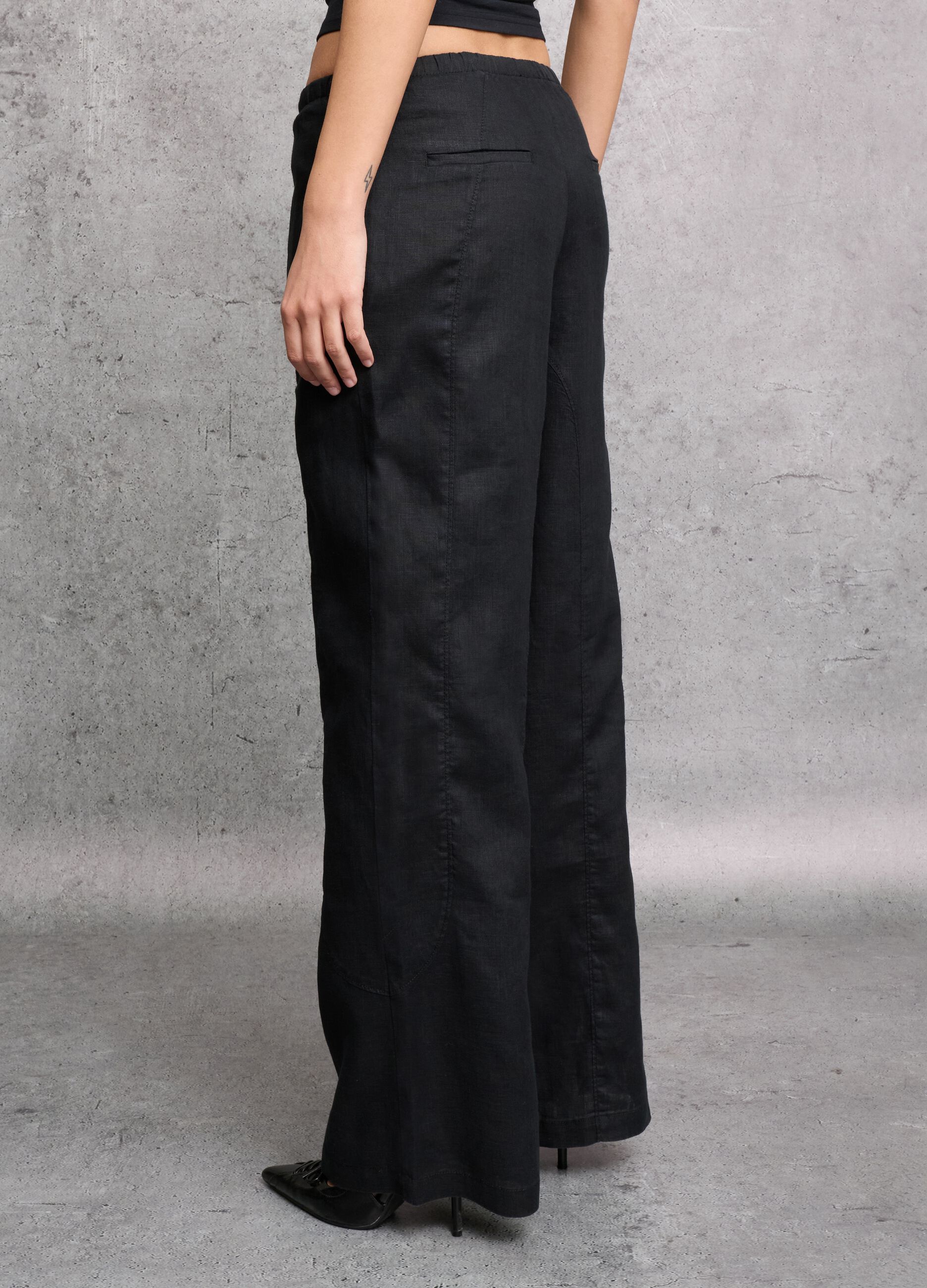 100% Linen Wide-Leg Trousers Black